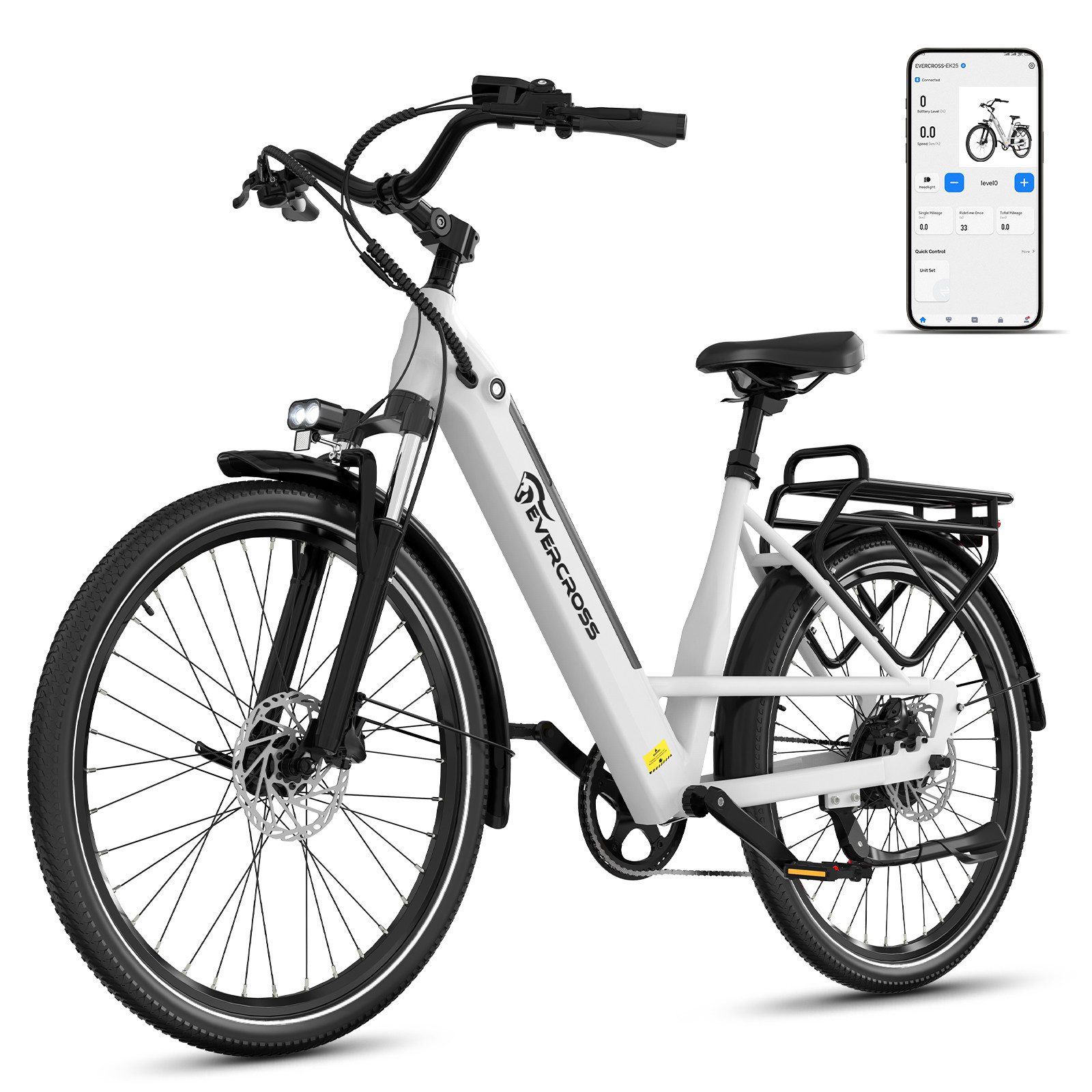 EVERCROSS TECH E-Bike EK25 für Erwachsene, 250W, 36V 468Wh, 60-100km Reichweite, 7 Gang, Heckmotor, 468 Wh, 7-Gang Shimano, App Bluetooth Steuerung, mit Gepäckträger