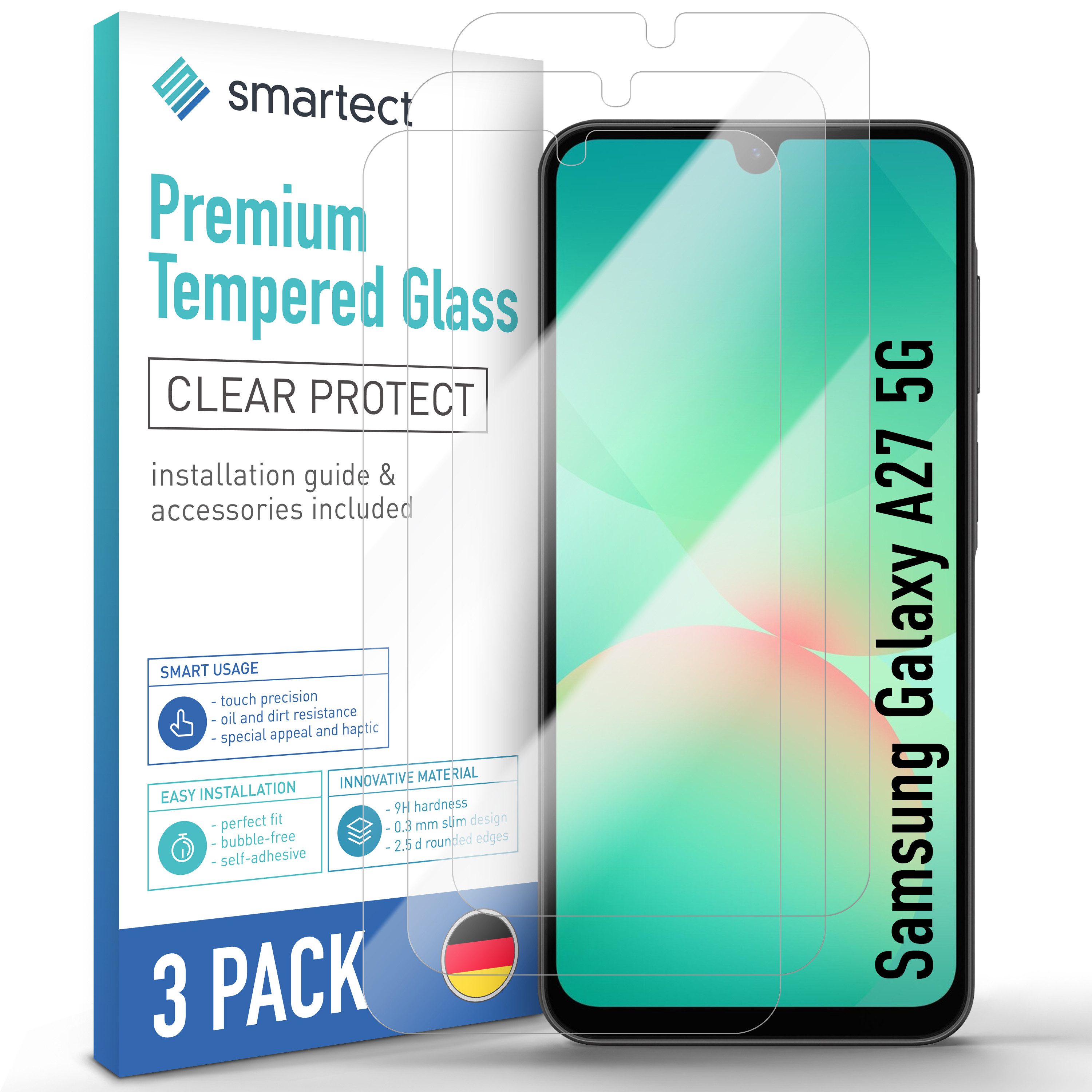 smartect Displayschutzglas Schutzglas Panzerfolie Klar für Samsung Galaxy A27 5G, Set, 3 Stück, Schutzfolie Glasschutz Bildschirm