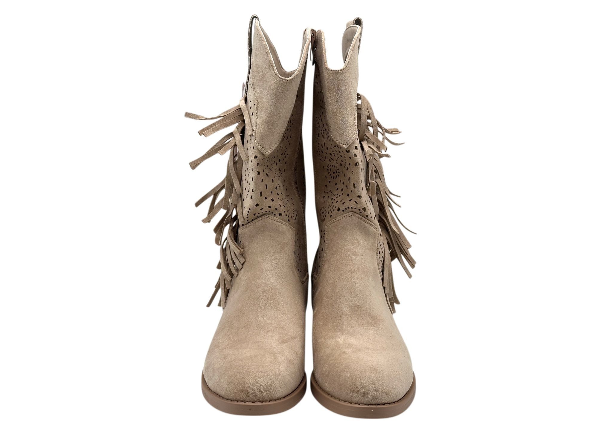 Nowaland Damen Western Stiefelette mit Fransen und Lochmuster Stiefelette Weiche Veloursleder-Optik mit stabilem Blockabsatz – Bild 3 von 5