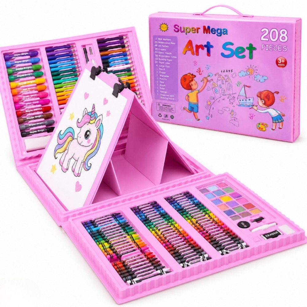 Hard-er Malstift Kunstset 208 Teile mit Staffelei Stiften Farben Rosa, (Kunst- und Zeichenset, 208-teiliges Kunstset), fördert Kreativität, Feinmotorik und Hand-Auge-Koordination