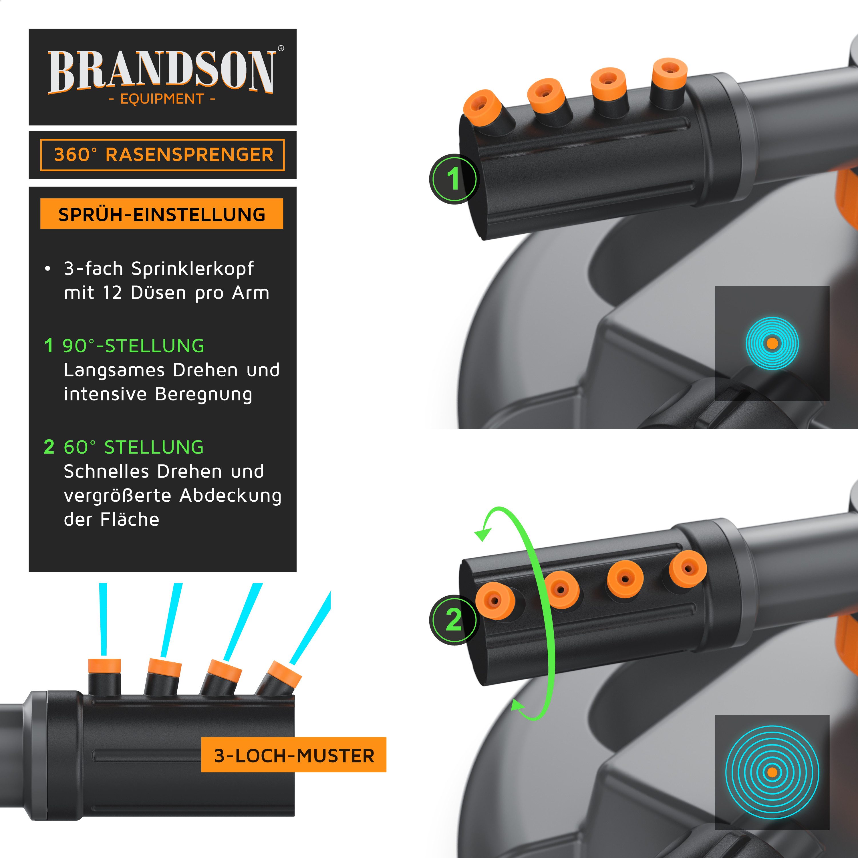 Brandson Kreisregner Garten Sprinkler, 360° Rasensprenger, 3 Arm Rasensnsprikler rotierend, für Flächen bis 314 m², (1-St), Sprenger Bewässerungssystem, Bewässerungsanlagen, Gardena kompatibel