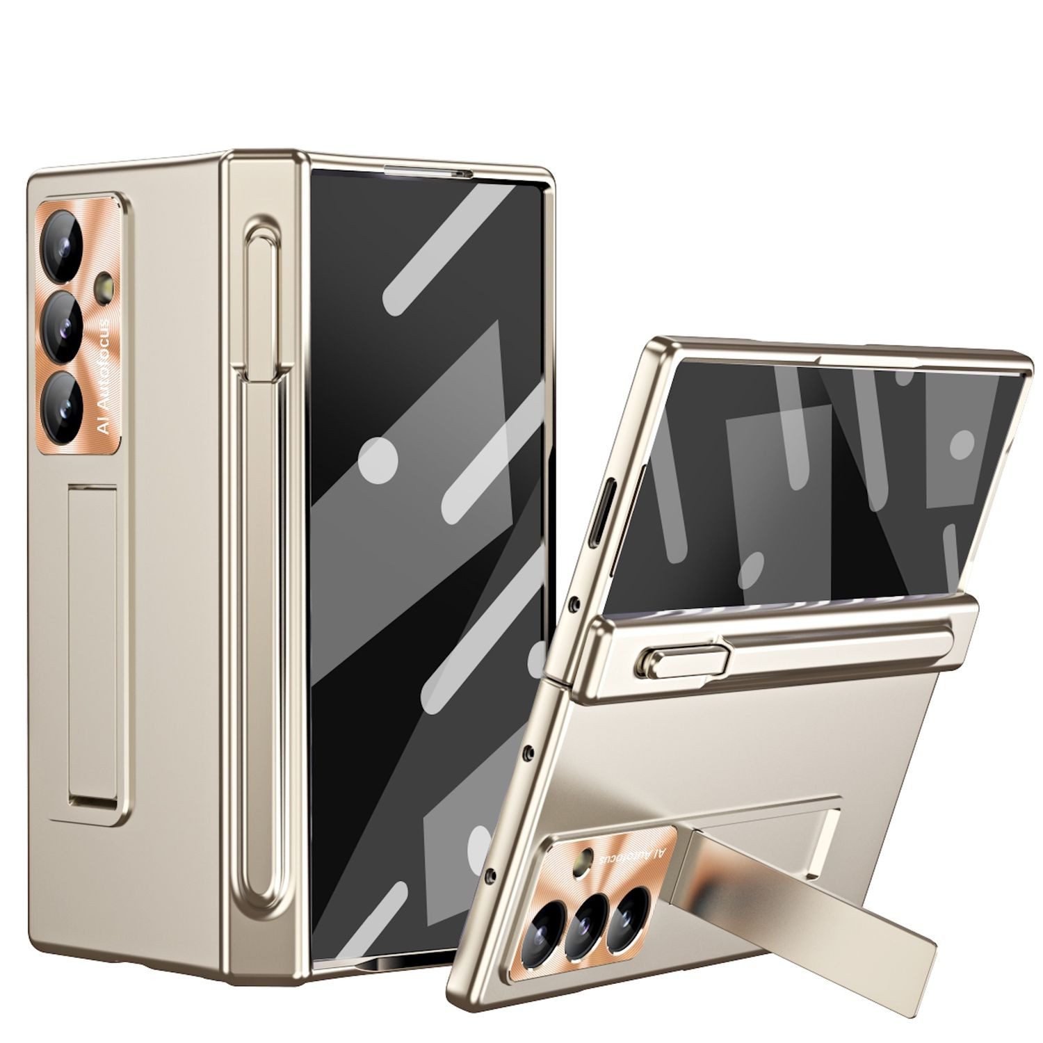 Wigento Handyhülle Für Samsung Galaxy Z Fold7 5G Hülle Stand Stifthalter u. Stift Gold, Hülle mit Stand- und Stifthalterung inklusive Stift