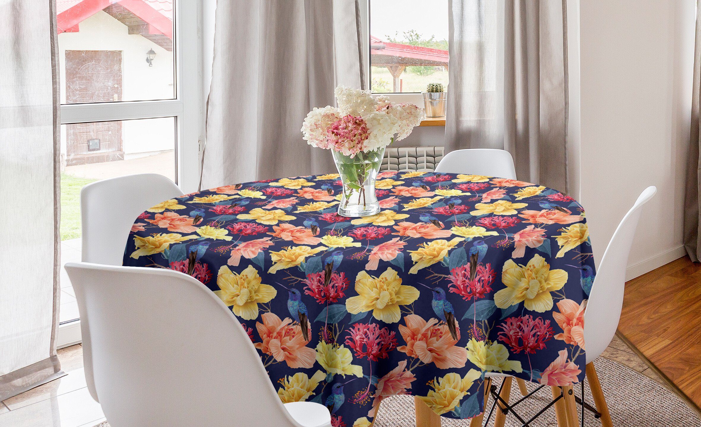 Abakuhaus Tischdecke Kreis Tischdecke Abdeckung für Esszimmer Küche Dekoration, Kolibri Botanische Blumenmuster