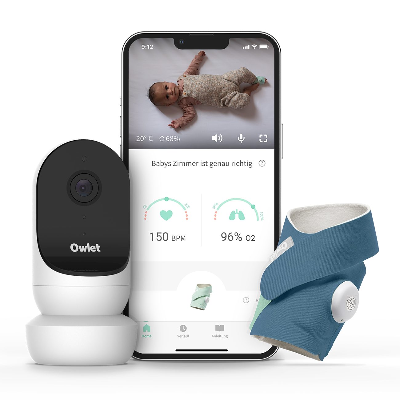 Owlet Baby Care DE Babyphone, Owlet Monitor Duo 2: Smart Sock Mintgrün und HD Kamera 2 Weiß Nachtblau