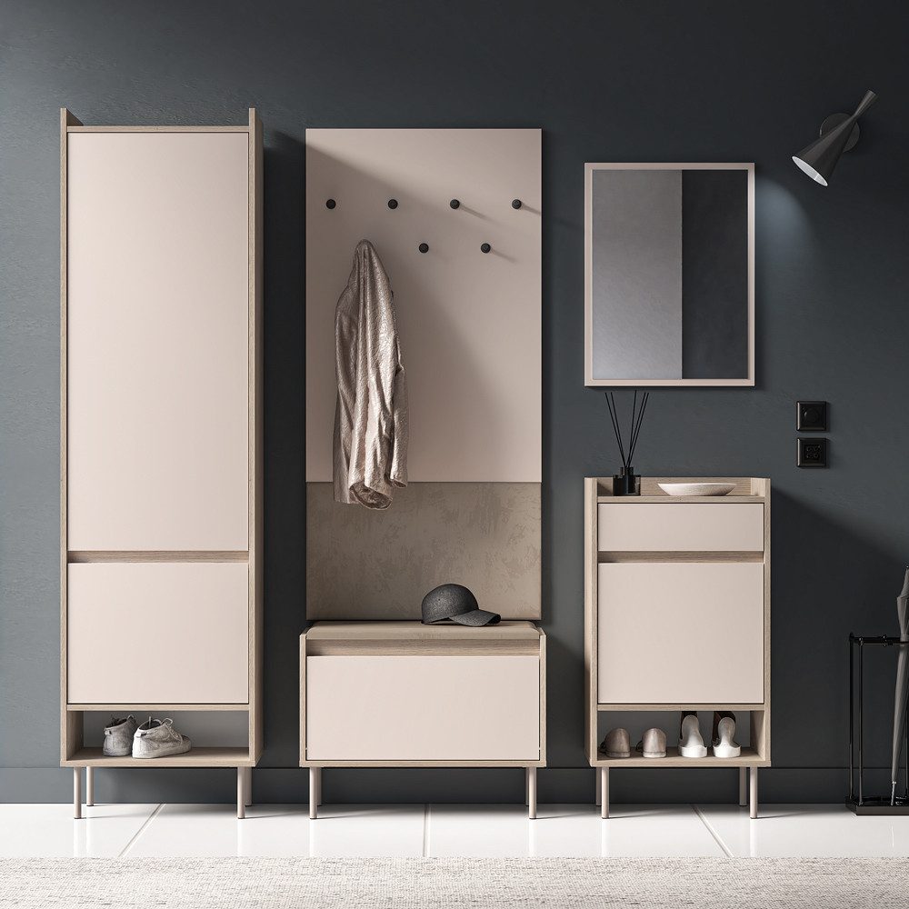 Lomadox Garderoben-Set VITTORIA-131, (Spar-Set, 5-St., Schrank Wandpaneel Schuhbank Spiegel Schuhkommode), in Kaschmir mit Eiche, griffloses Design