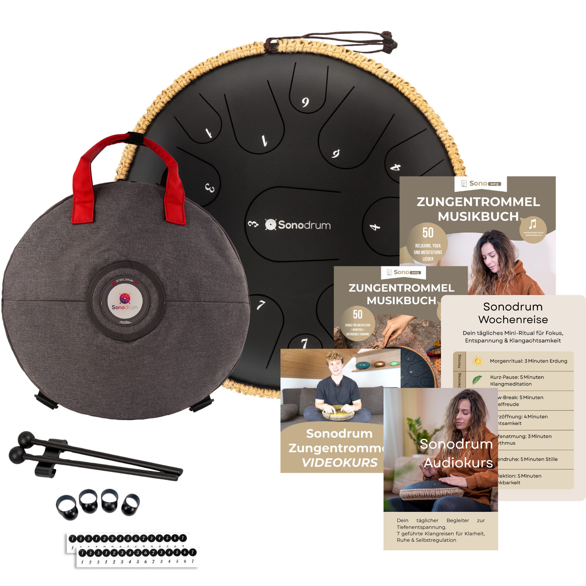 Sonodrum Steel Tongue Drum Premium, Entspannungs-Starter-Set,Entspannungs-Starter-Set, mit Tragetasche und Onlinekurs, 15 Töne in C-Dur, handgefertigt