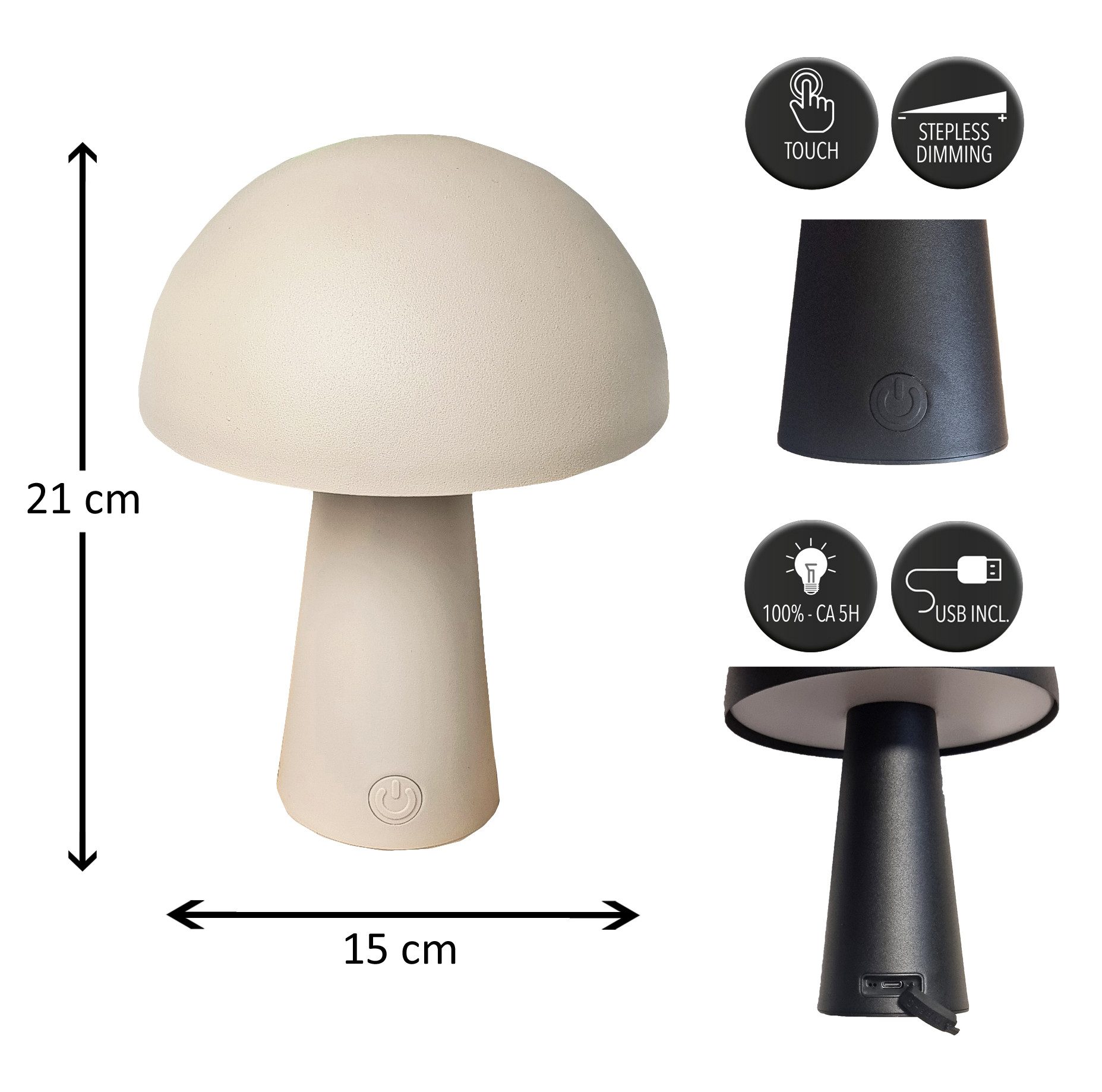 Coen Bakker Deco BV LED Tischleuchte Touch Tischlampe Pilzform Dimmbar Akku In-/Outdoor IP44, Touch-Funktion, LED fest verbaut