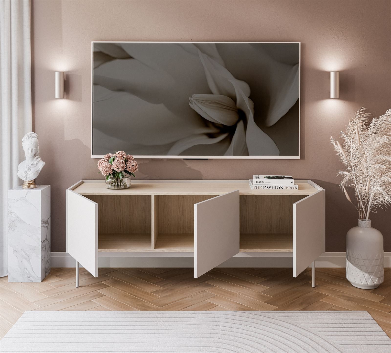 Lookway Lowboard ESSENCE TV Schrank 144 Kaschmir / Eiche Linea