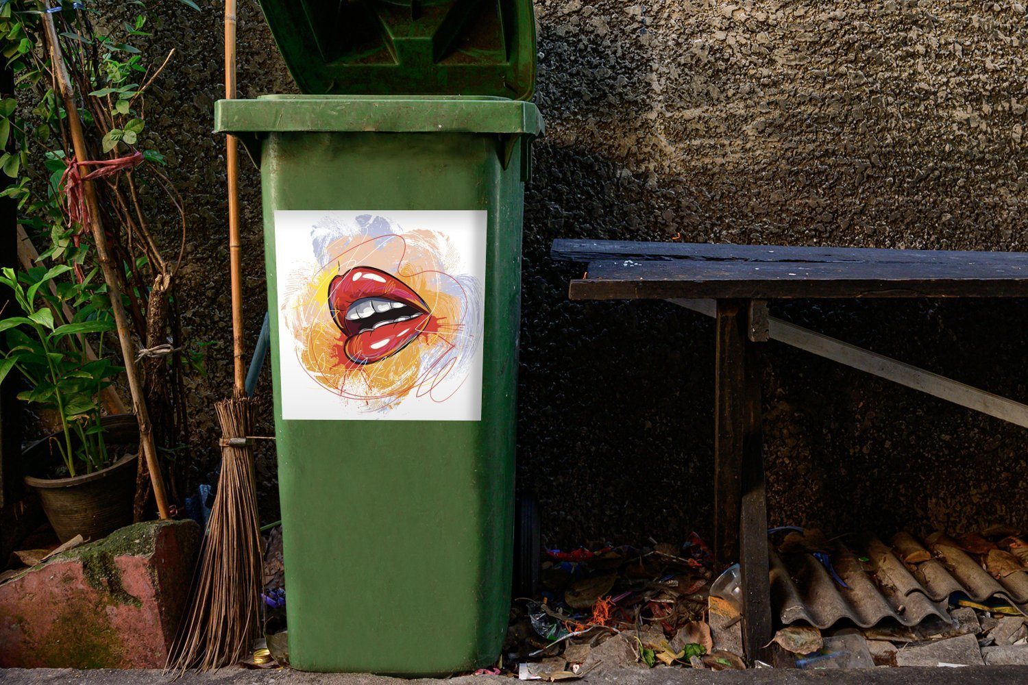 MuchoWow Wandsticker Illustration Mülleimer-aufkleber, Lippen St), (1 Abfalbehälter Sticker, Mülltonne, eines Container, Eine Paares roter