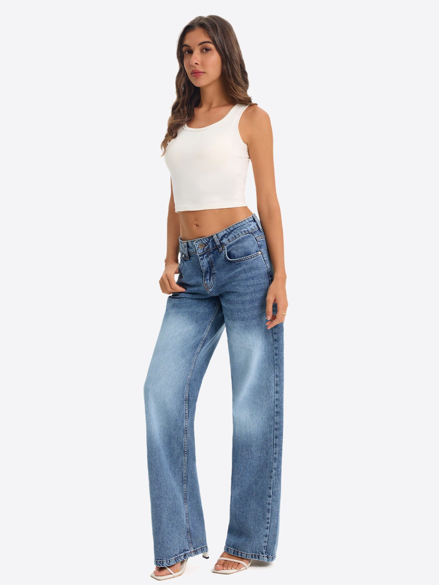 Loose-fit-Jeans Damen Weit geschnittene Jeans mit geradem Bein