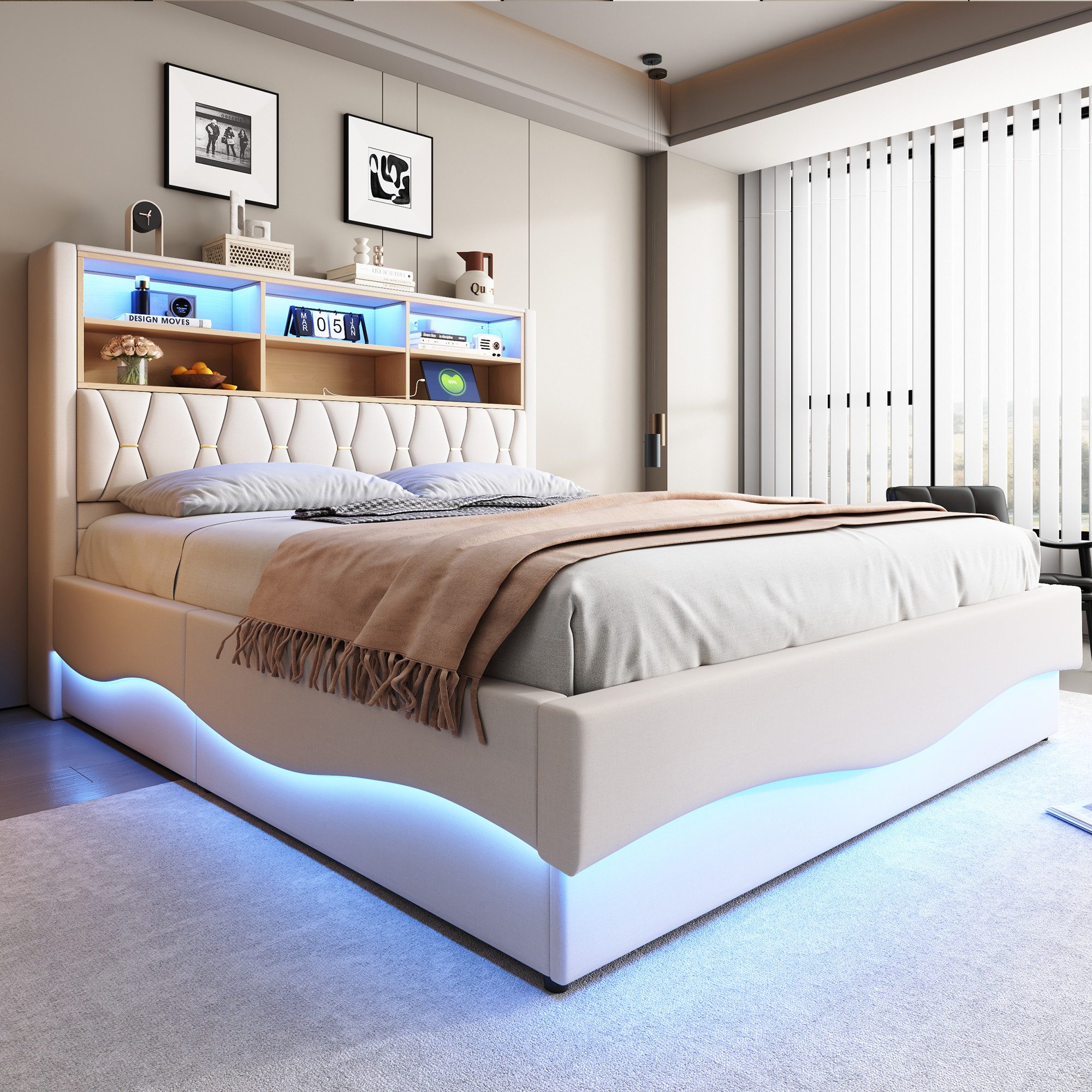 Merax Polsterbett (Doppelbett Jugendbett mit Metall-Lattenrost, 1-tlg), Hydraulisches Stauraumbett 180x200cm mit LED, USB und Ablagefächern – Bild 3 von 5