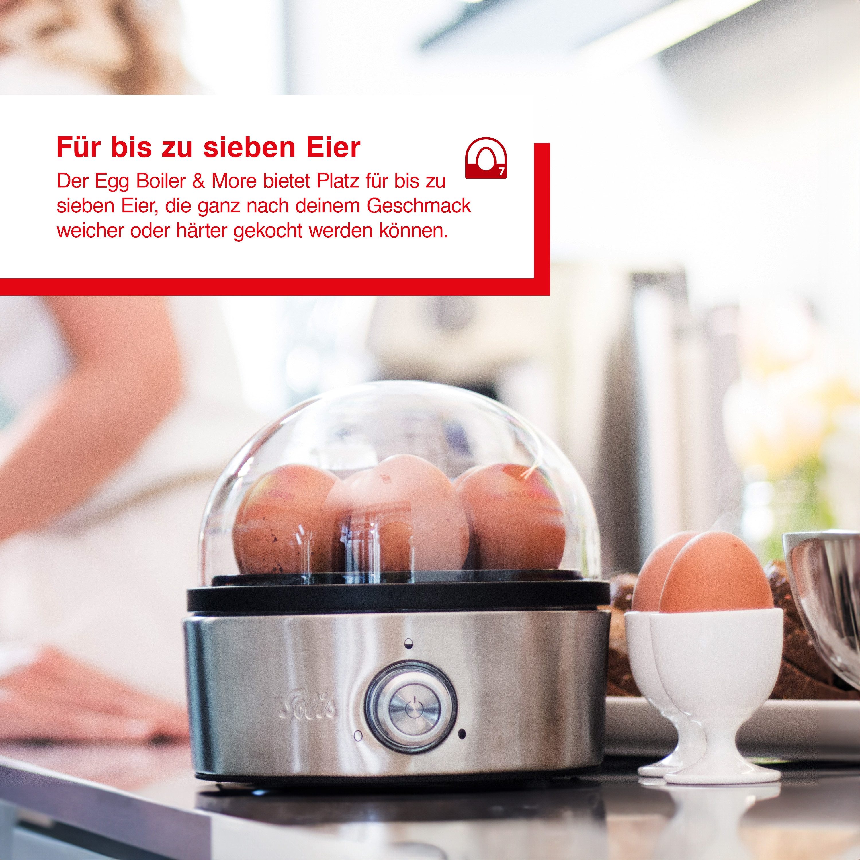 SOLIS OF SWITZERLAND Eierkocher Egg, Boiler & More, Typ 827, Cool-Touch-Griff, Timer, Kocheinsatz, Dampffunktion für Baby Nahrung