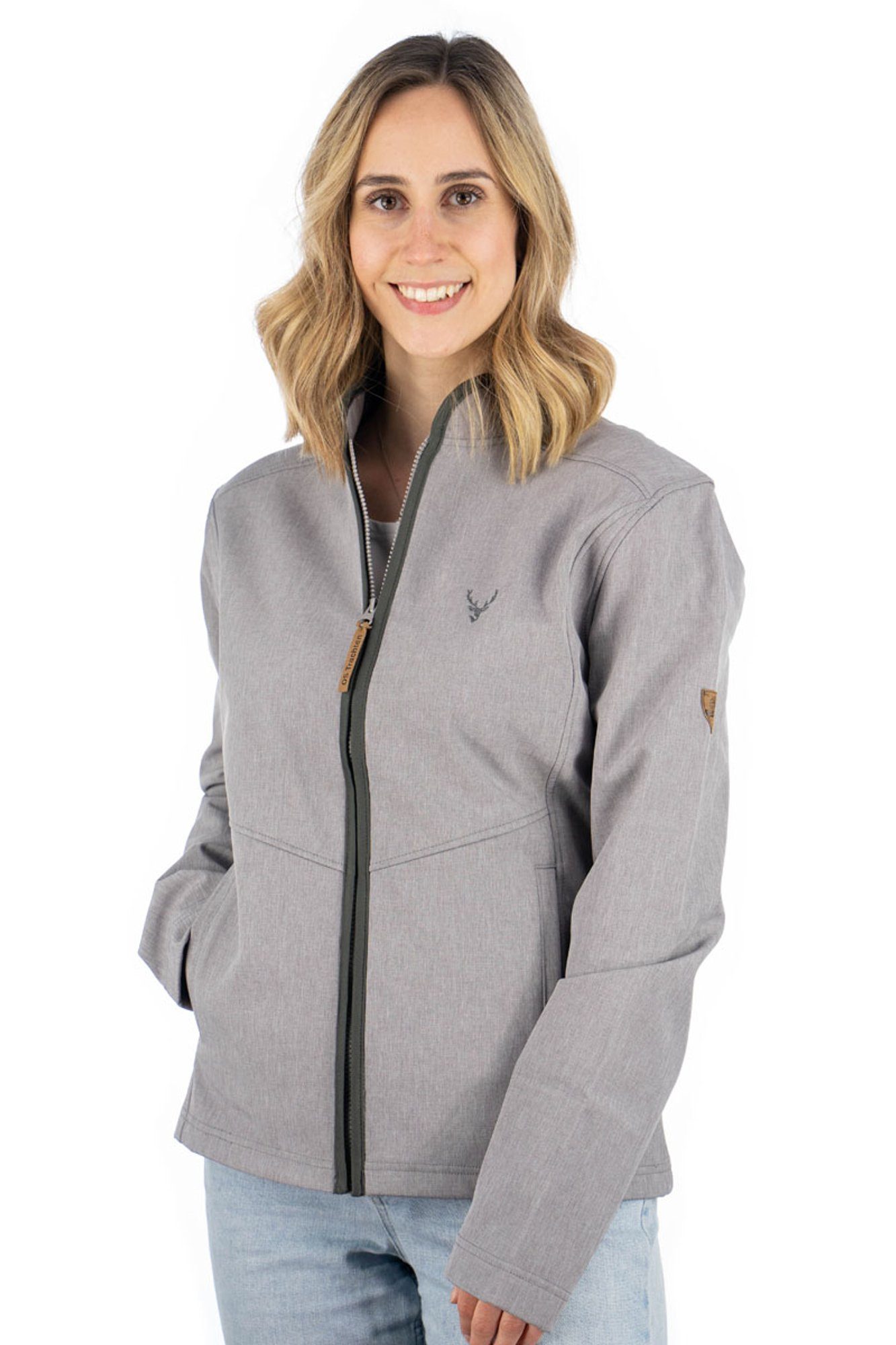 Damen hellgrau mit Softshelljacke OS-Trachten und Stehkragen Hirsch-Stickerei Umuki Outdoorjacke