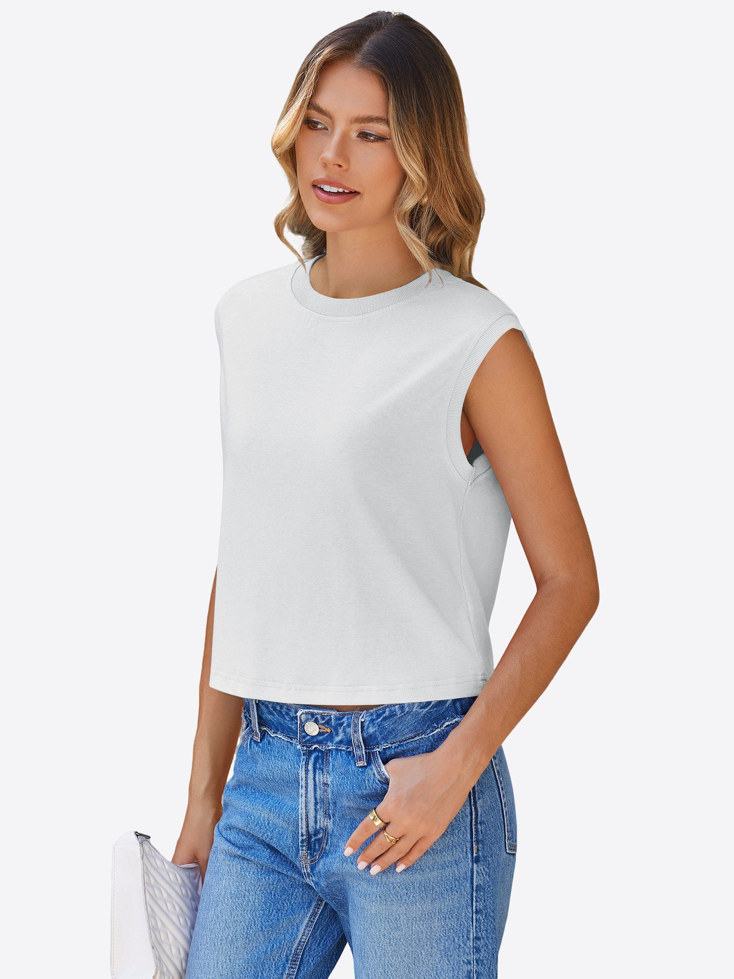 Imily Bela Tanktop Damen Cropped Rundhals Kurzarm Sommer Casual Locker Basic (Packung, 1-tlg., 1per-Pack) Cap Sleeve mit Rundhalsausschnitt in Unifarbe – Bild 4 von 5