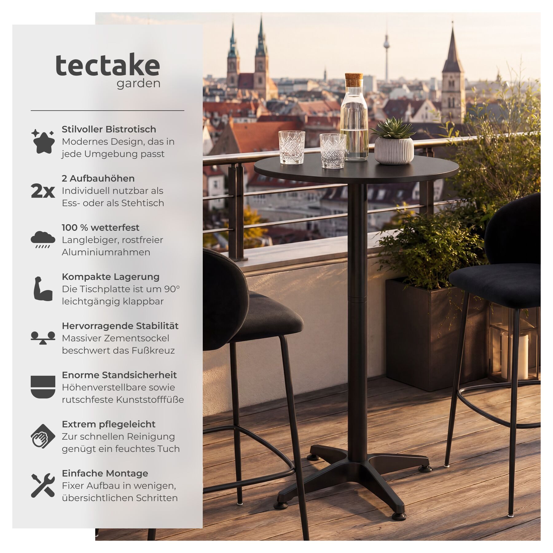 tectake Bistrotisch Aluminium-Stehtisch, höhenverstellbar, 60 x 75 / 115 cm, (Bartisch Viktor, 2-St., 2 tlg), wetterfest, klappbar, 2 Aufbauhöhen, Zementsockel, Belastbarkeit 60 kg