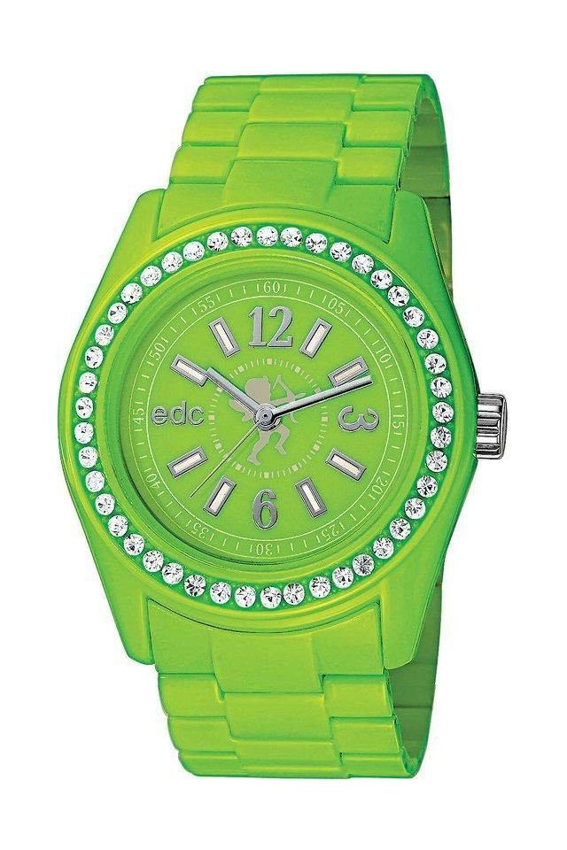 edc by Esprit Quarzuhr Disco Glam Waterfall Green with Stones, aus Kunststoff, Edelstahlboden, Grün, Zirkonia, Faltschließe