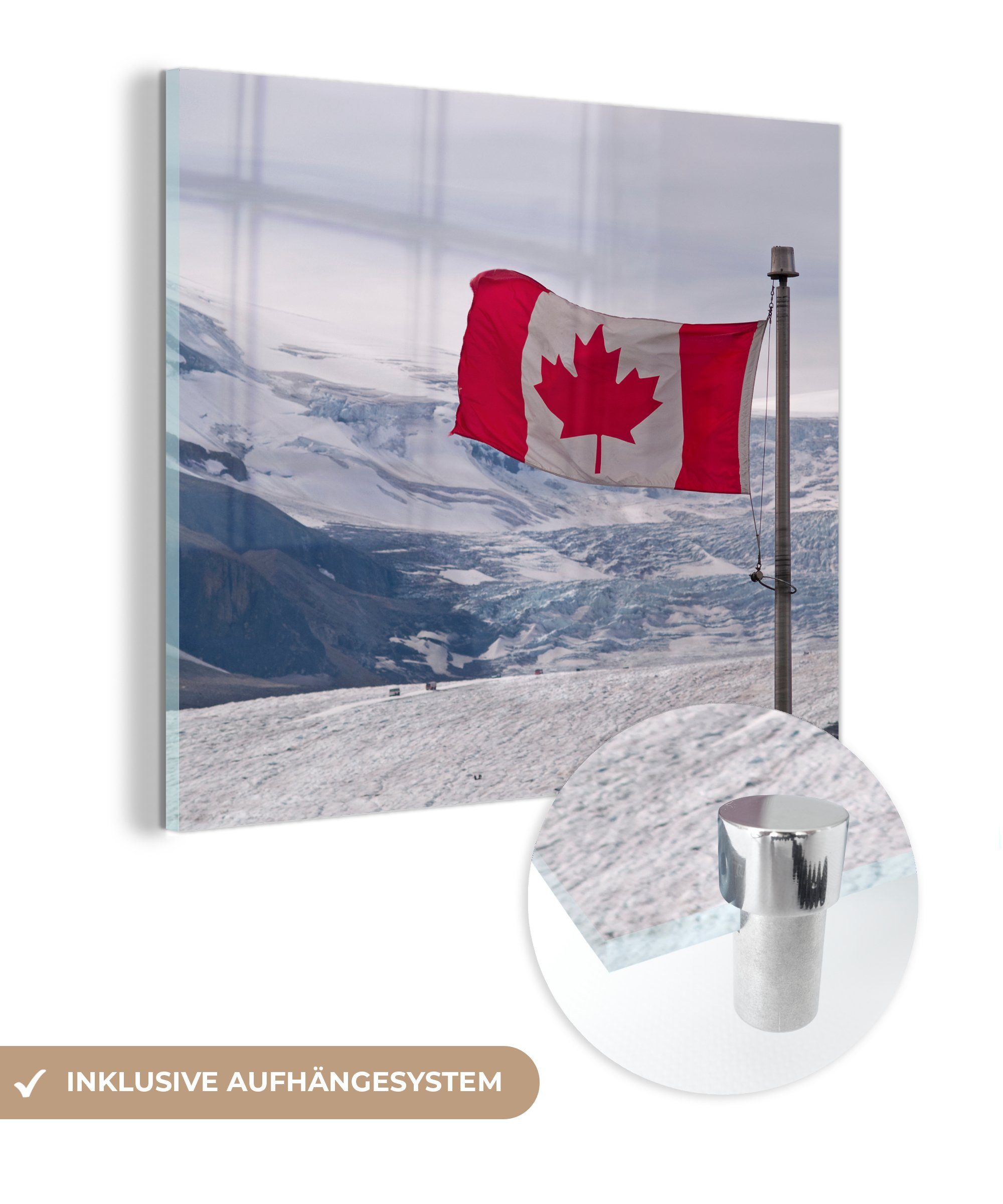 Bilder Glasbilder (1 Acrylglasbild St), auf - - MuchoWow einer kanadische auf Flagge Die in - Foto Glas Wandbild Winterlandschaft, Wanddekoration Glas