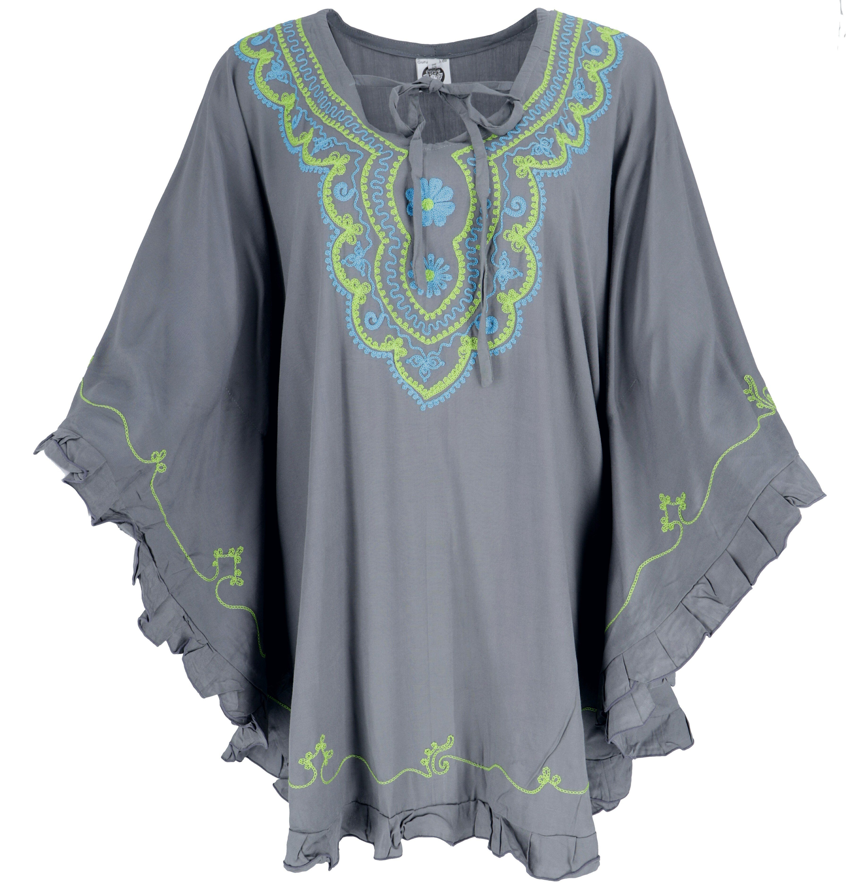 Hippie grau Bestickter Longbluse Guru-Shop Bekleidung Poncho, Kaftan,.. alternative Tunika,