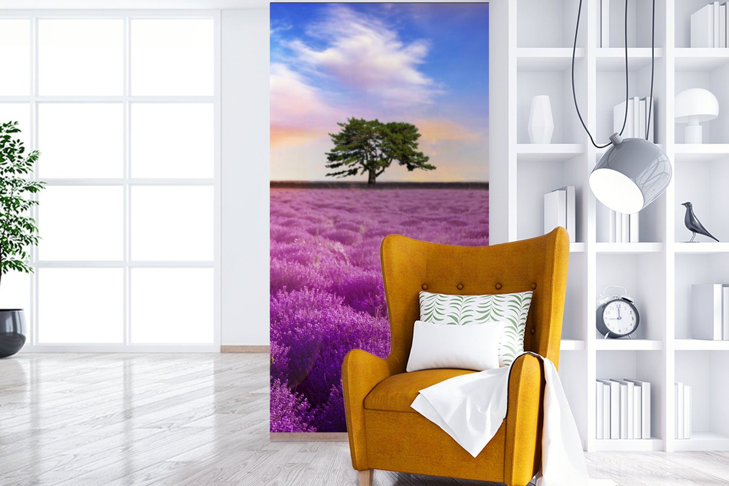 Fototapete MuchoWow Lila, St), Sonnenuntergang bedruckt, Lavendel (2 - Baum Wohnzimmer - Vliestapete Matt, für Schlafzimmer Fototapete Küche, -