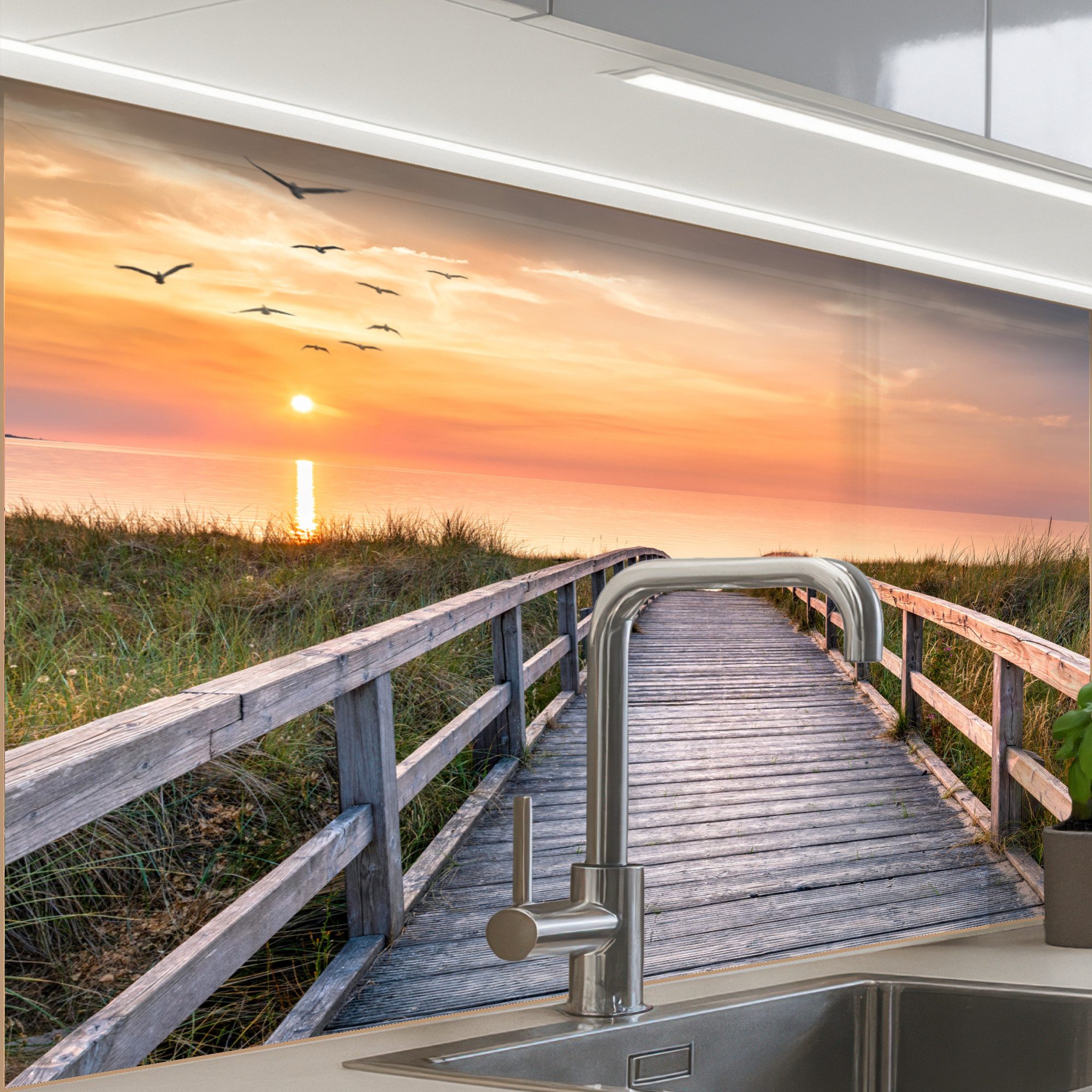 KitchenYeah Küchenrückwand selbstklebend Sonnenuntergang - Meer - Weg - Gra günstig online kaufen