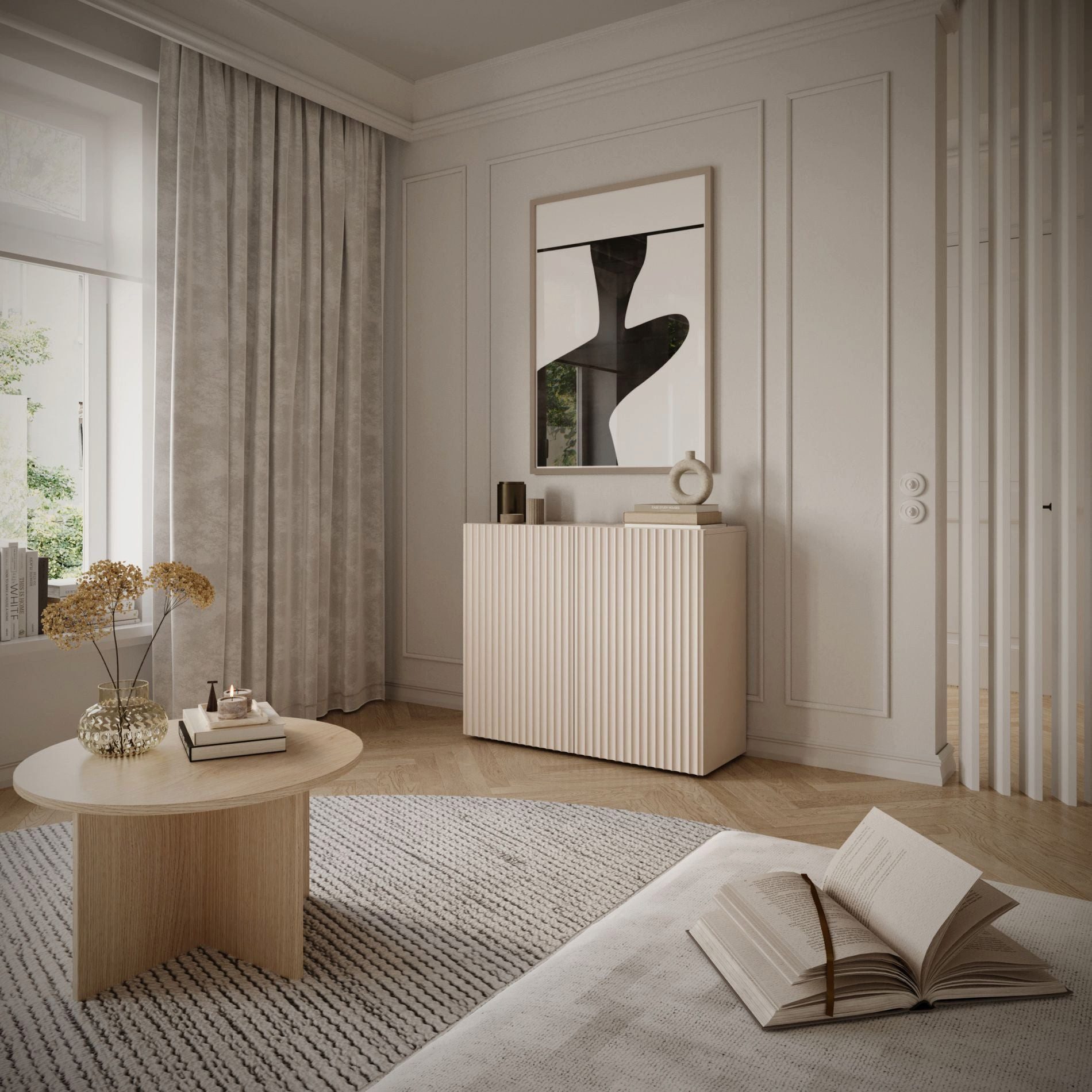 Selsey Sideboard SUNDS, Sideboard in Kaschmirbeige mit Lamellenfront & Push-to-Open