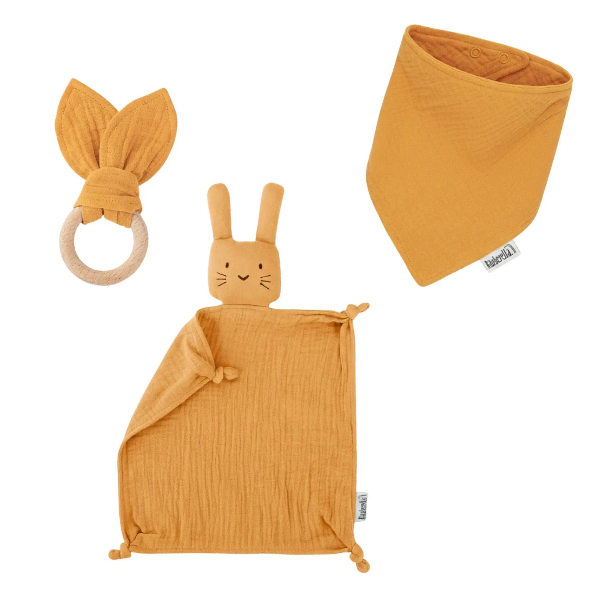 Räuberella Neugeborenen-Geschenkset Baby Geschenkset Ocker – Schmusetuch Hase, Holz-Beißring & Halstuch (3-tlg) 100% Bio-Musselin-Baumwolle, EN-71 zertifiziert, ab 40 Grad waschbar