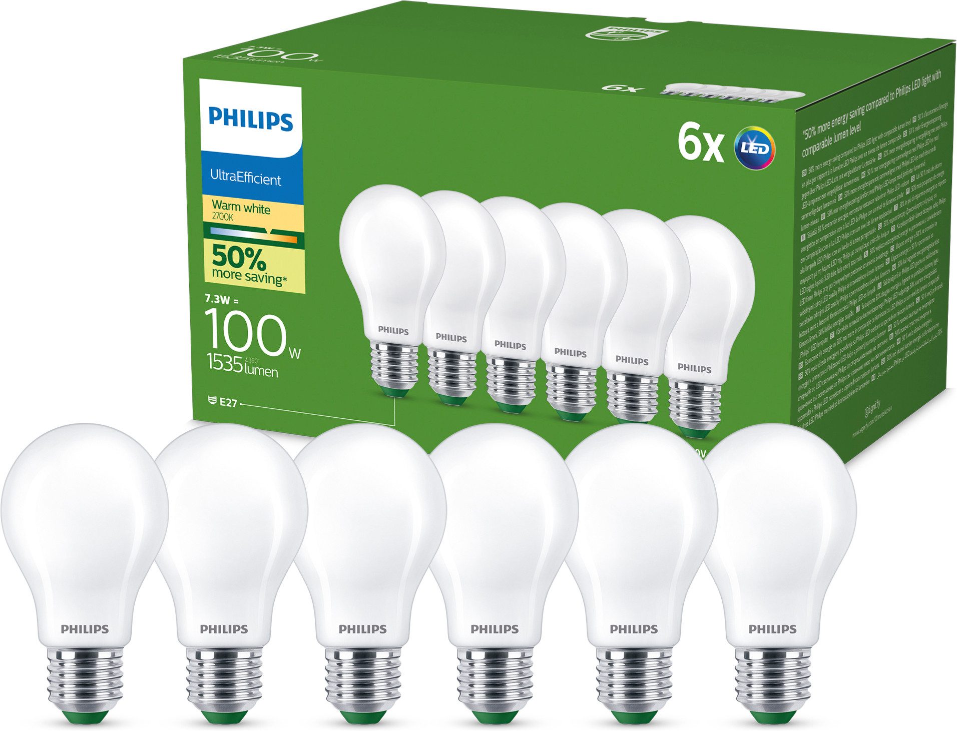 Philips LED-Leuchtmittel Ultraeffiziente E27, 6er-Pack, 100W, Warmweiß, E27, 6 St., Warmweiß, EyeComfort, Lange Lebensdauer, Klassisches Design, Matt