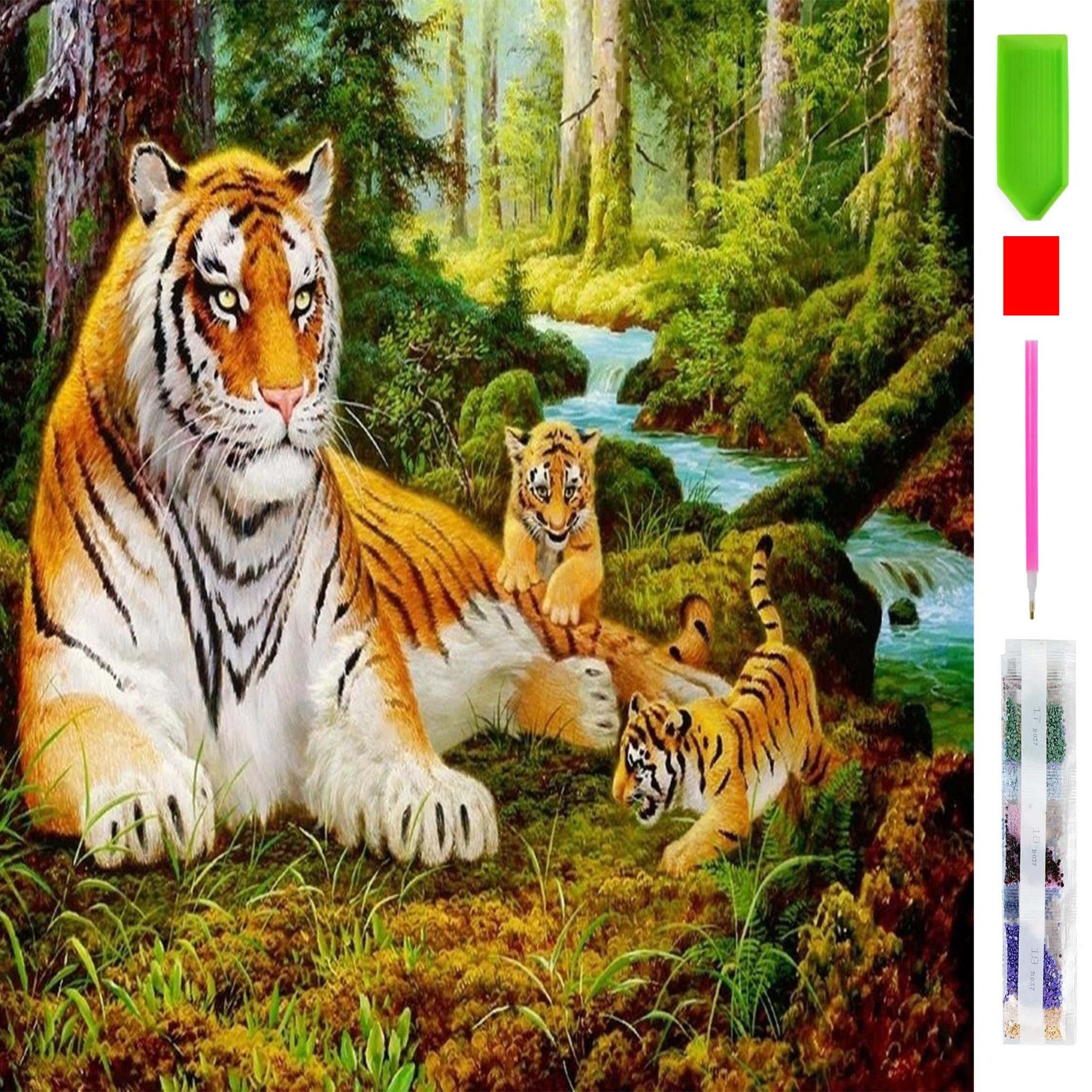 Realb2b Malen nach Zahlen 5d Diamond Painting Tiger Familie Malen nach Zahlen 30x40cm (Komplettset für 5D Diamond Painting inklusive Leinwand, Diamanten und Werkzeugen, Diamond Painting Set mit Zubehör für DIY-Kreativität und Entspannung), 30x40cm 5D Diam