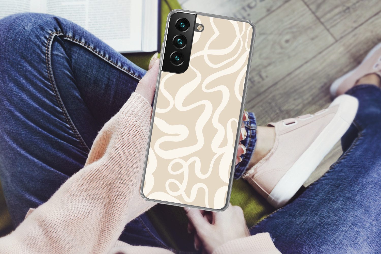 MuchoWow Handyhülle für Samsung Galaxy S22 Plus Linien - Abstrakt - Beige - Weiß - Minimal, Phone Case, Silikon, Schutzhülle Dünn