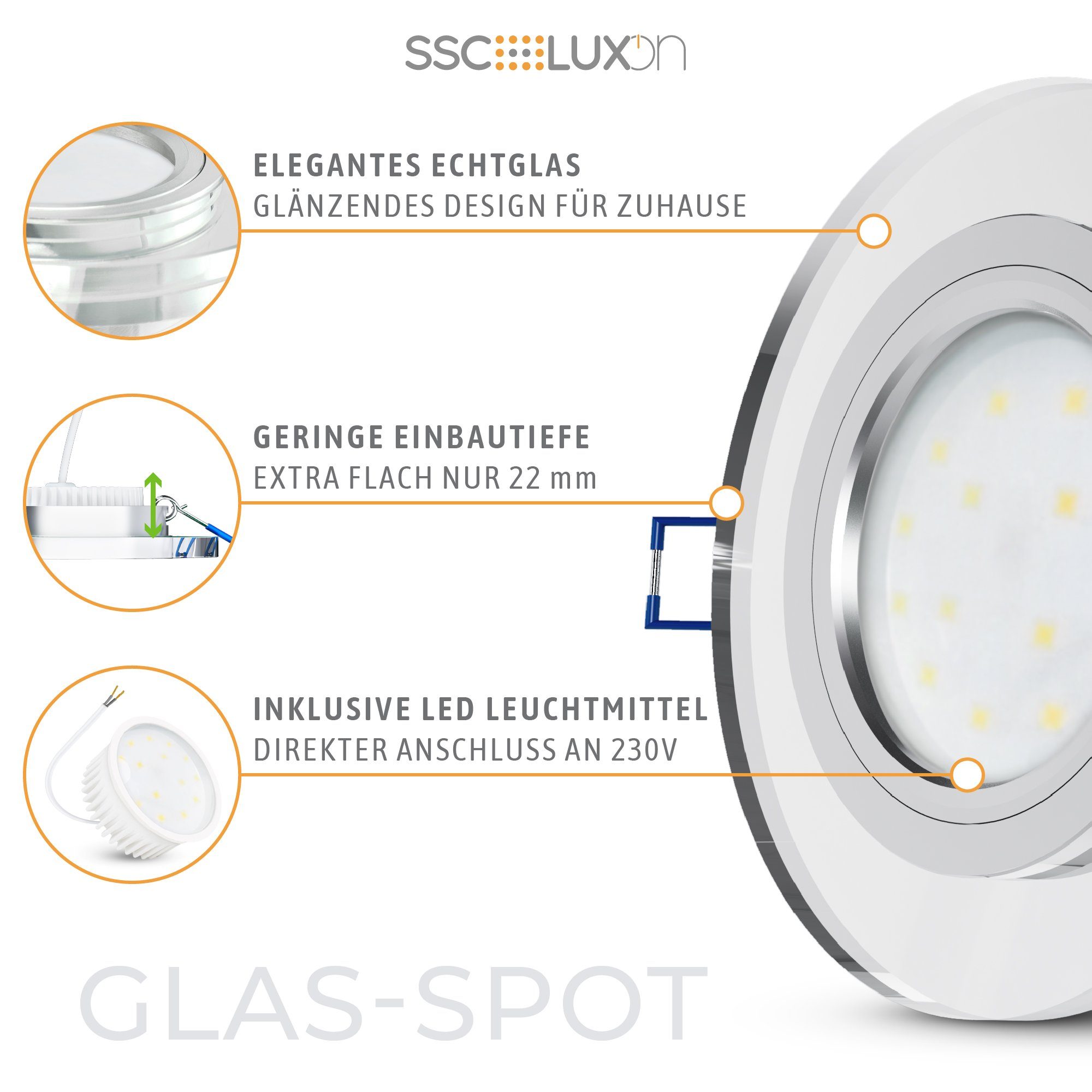 SSC-LUXon LED Flache dimmbar LED-Modul, LED Einbauleuchte Glas Warmweiß mit klar rund Einbaustrahler