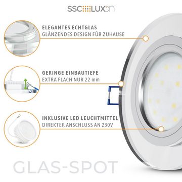 SSC-LUXon LED Einbaustrahler Flache Design Glas LED Einbauleuchte in rund klar mit LED-Modul, Extra Warmweiß