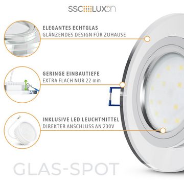 SSC-LUXon LED Einbaustrahler Flacher Glas Einbauspot LED rund klar mit LED Modul dimmbar, Neutralweiß