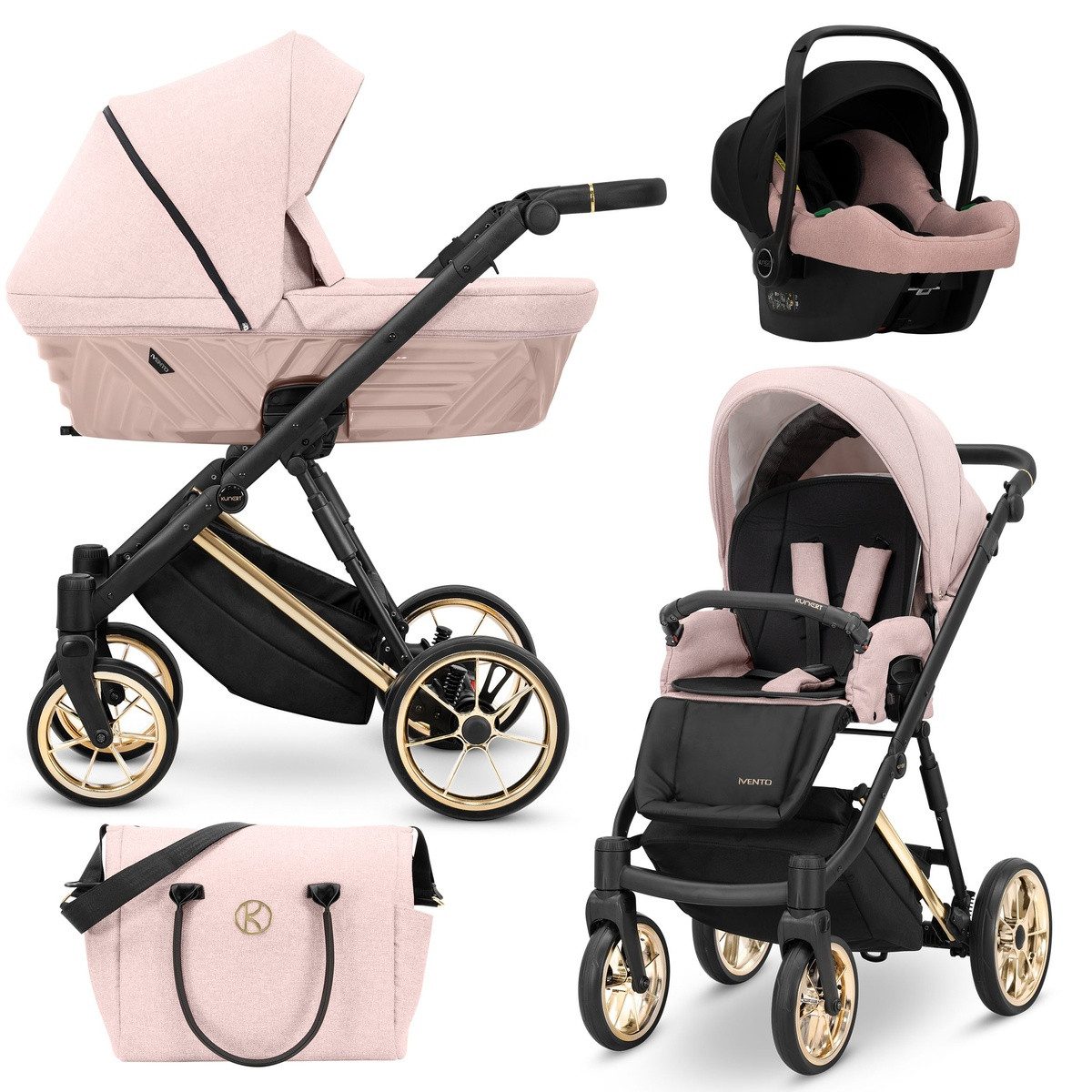 KUNERT Kombi-Kinderwagen Ivento Premium 3in1 Kinderwagen mit Goldrahmen und Zubehör, 2in1-Set mit Tragetasche und Sportsitz, ergonomische Bambusmatratze