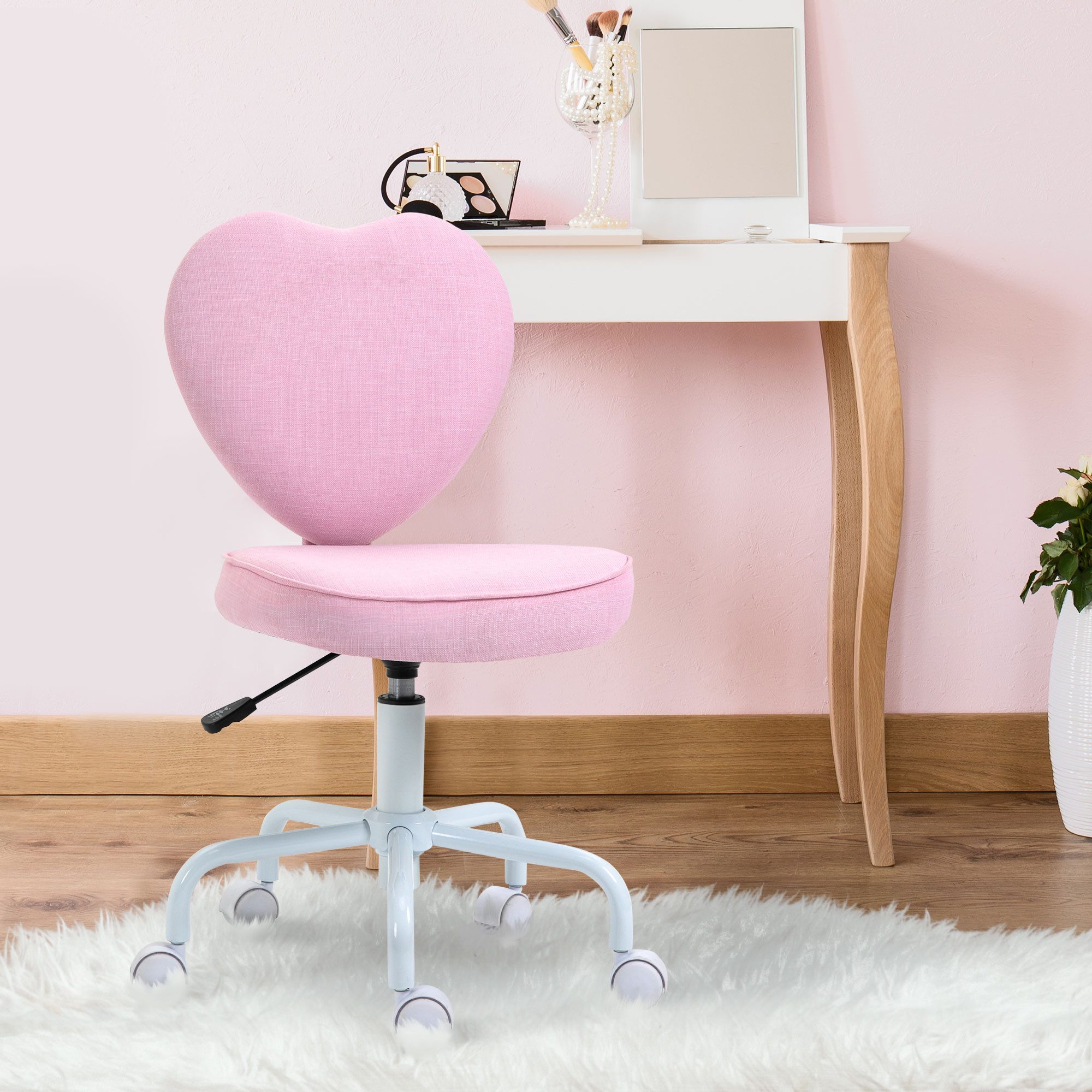 HOMCOM Bürostuhl Chefsessel Drehstuhl Sitzhöhenverstellung niedlich herzförmig (Computerstuhl, 1 St), Rosa Leinenstoff 42 x 50 x 79-89 cm