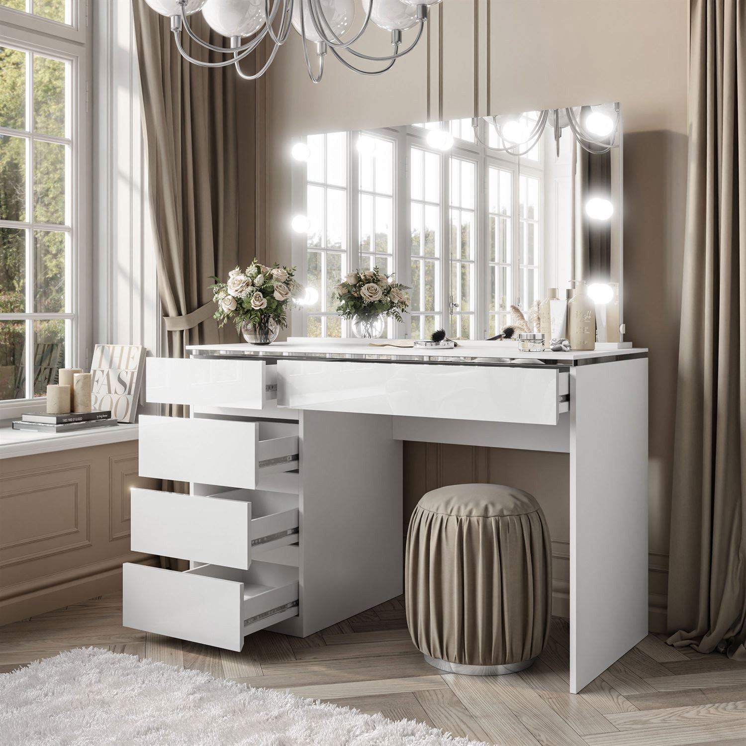 Lookway Schminktisch AURORA II SILVER ELITE mit Spiegel und LED Beleuchtung (1x Schreibtisch 1x Spiegel), Breite: 120 cm, Höhe: 78,5 cm, Tiefe: 55 cm. – Bild 4 von 5