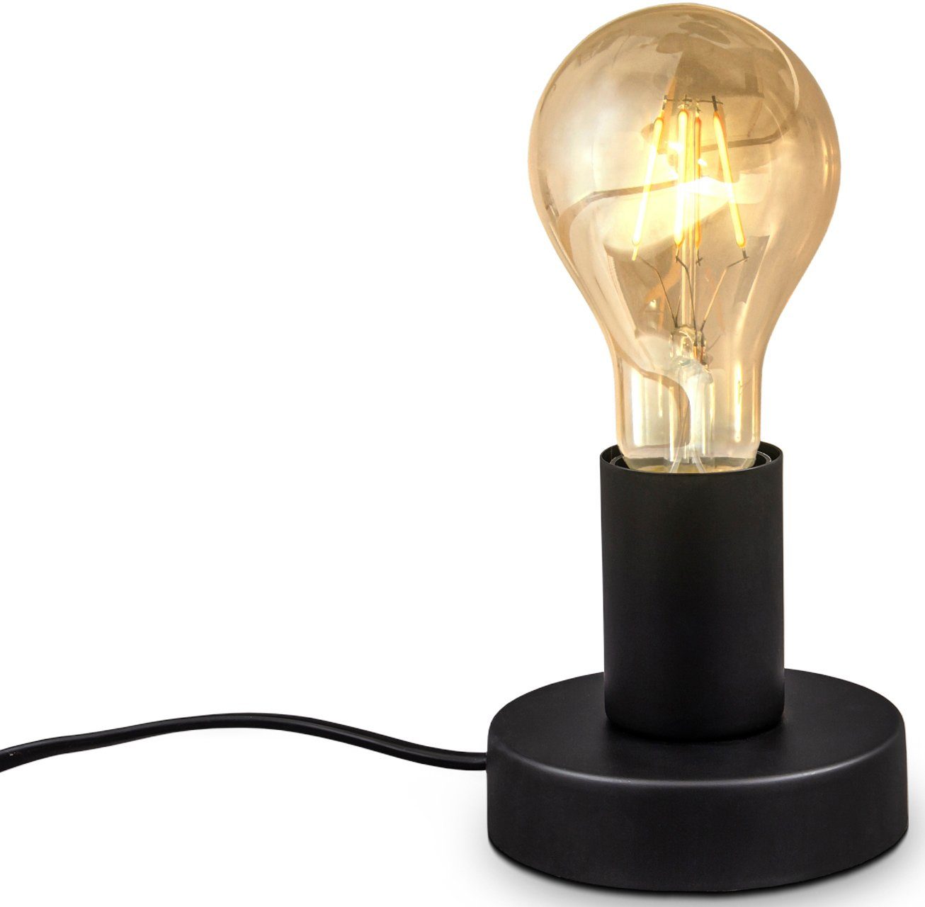 B.K.Licht Tischleuchte ohne Leuchtmittel, Leuchtmittel Ø10cm Matt-Schwarz, BK_TL1378 Kabelschalter, (max. Retro Nachttischlampe, Tischlampe, ohne E27, mit 10W)