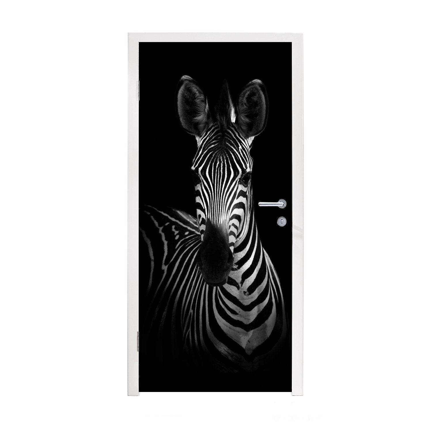 MuchoWow Türtapete Zebra - Schwarz - Weiß - Tiere, Matt, bedruckt, (1 St), Selbstklebende Tapete, Folie für Möbel, 75x205 cm