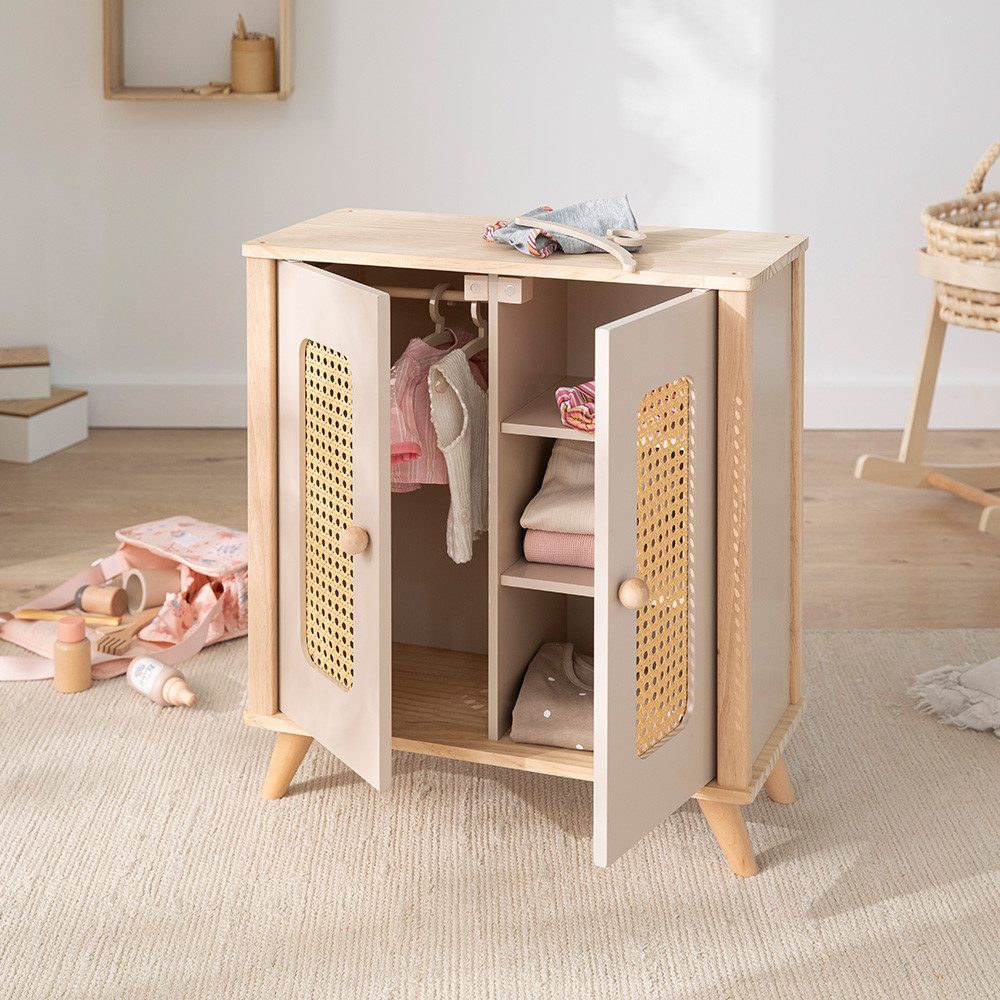 howa Puppenkleiderschrank miniflowers, aus Holz, Puppenmöbel mit Kleiderstange, Regalen und 3 Kleiderbügeln – Bild 4 von 4