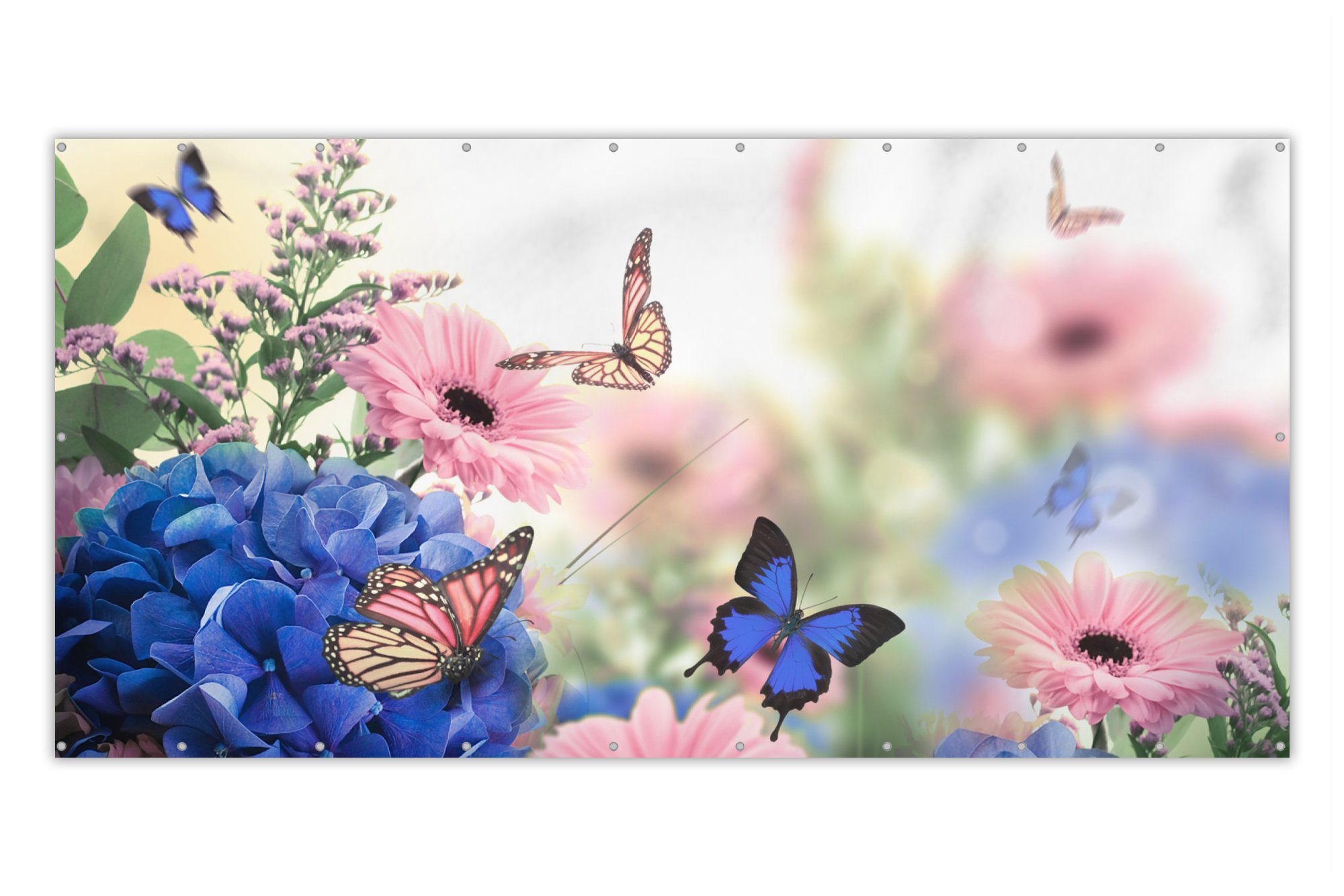 MuchoWow Balkonsichtschutz Schmetterlinge - Blumen - Hortensien - Insekten (1-St) Balkonbespannung mit Metalösen, UV-beständig, Balkonbanner
