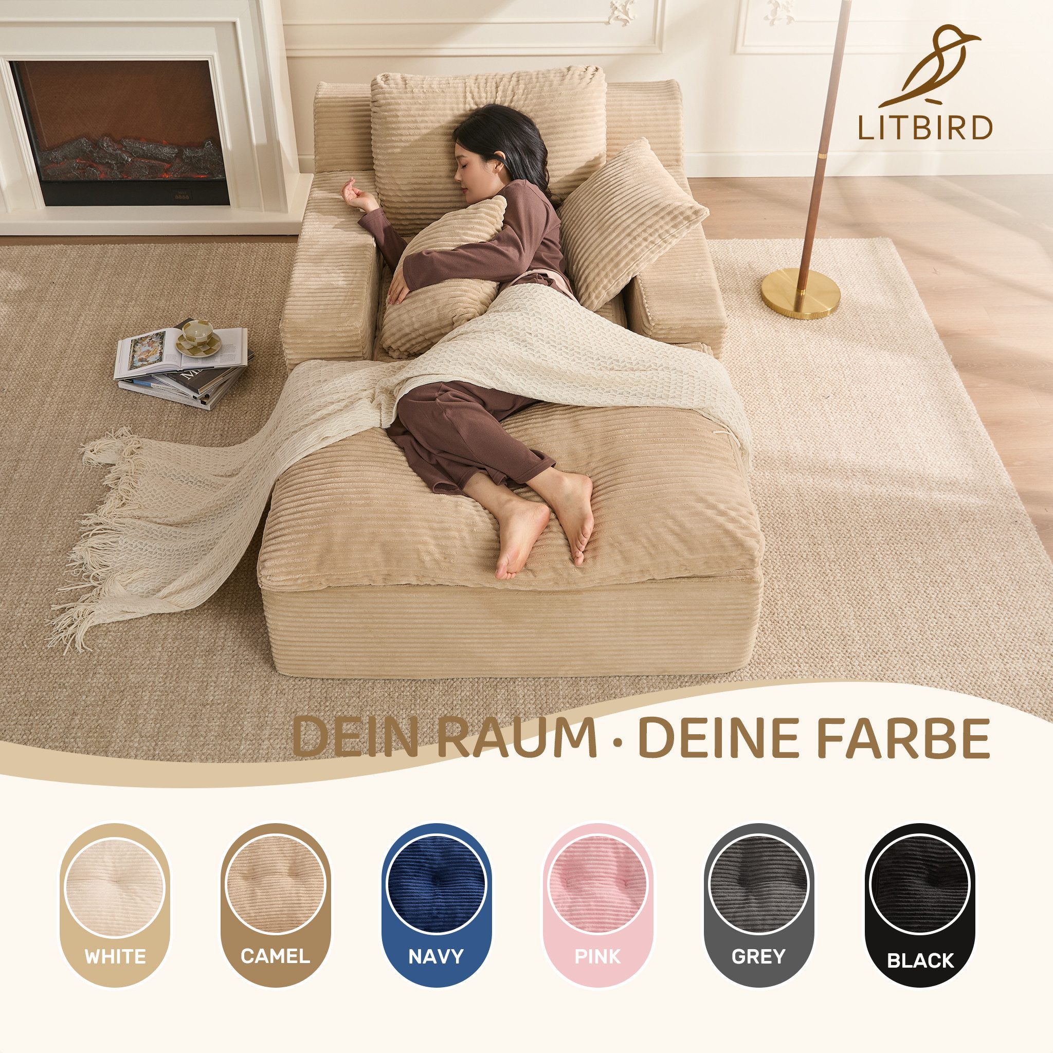 LITBIRD Chaiselongue 160 cm Loungesofa, Boneless Bodensofa & Schlafsofa mit Schlaffunktion, 1 Teile, Platzsparendes Cloud Sofa mit Armlehnen für Wohnzimmer