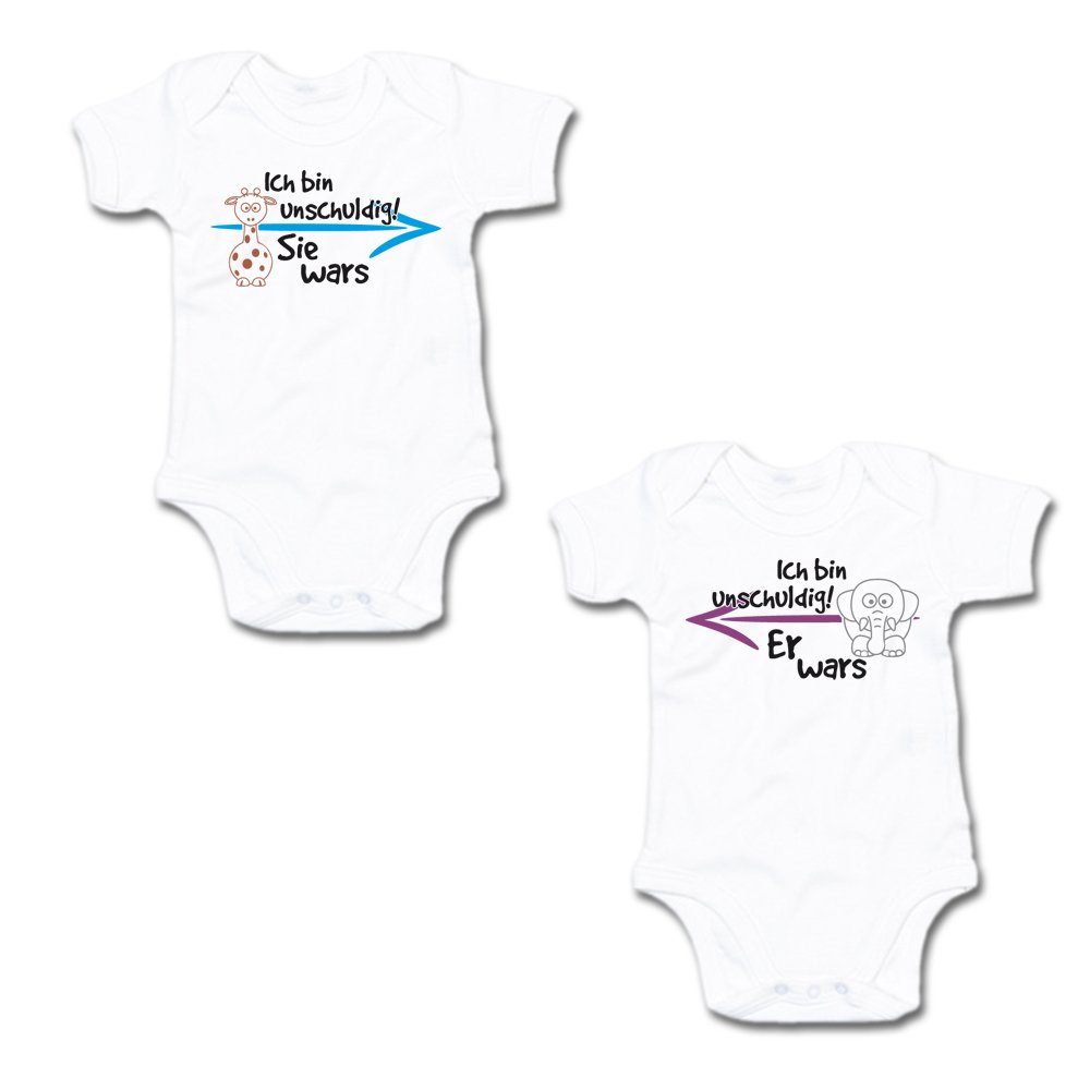 G-graphics Kurzarmbody Ich bin unschuldig! – Sie wars & Er wars (Zwillingsset / Twinset, 2-tlg., Baby-Body-Set) für Zwillinge / Twins mit Sprüchen