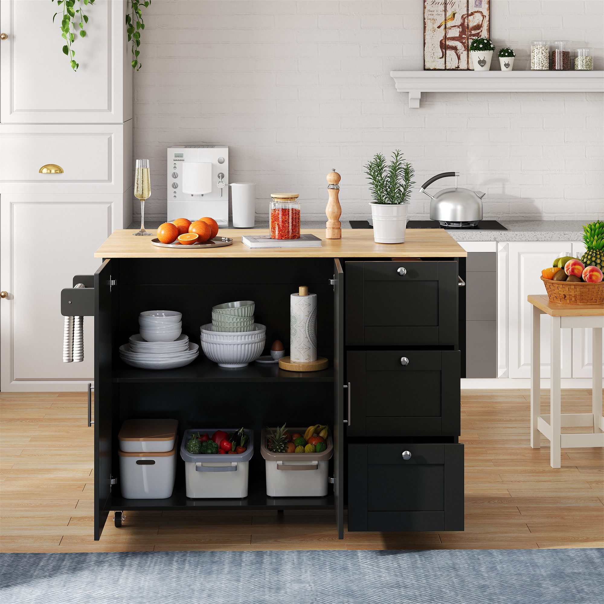 OKWISH Küchenwagen mit erweiterbarer Arbeitsplatte, Eiche Maserung, (Kücheninsel, Servierwagen, Küchenschrank, 2 St., 3 Schubladen, 2 Tür, 1 Handtuchhalter), mit geräuschlosen Gleitschienen, klappbares Design, 135x44(70)x90 cm