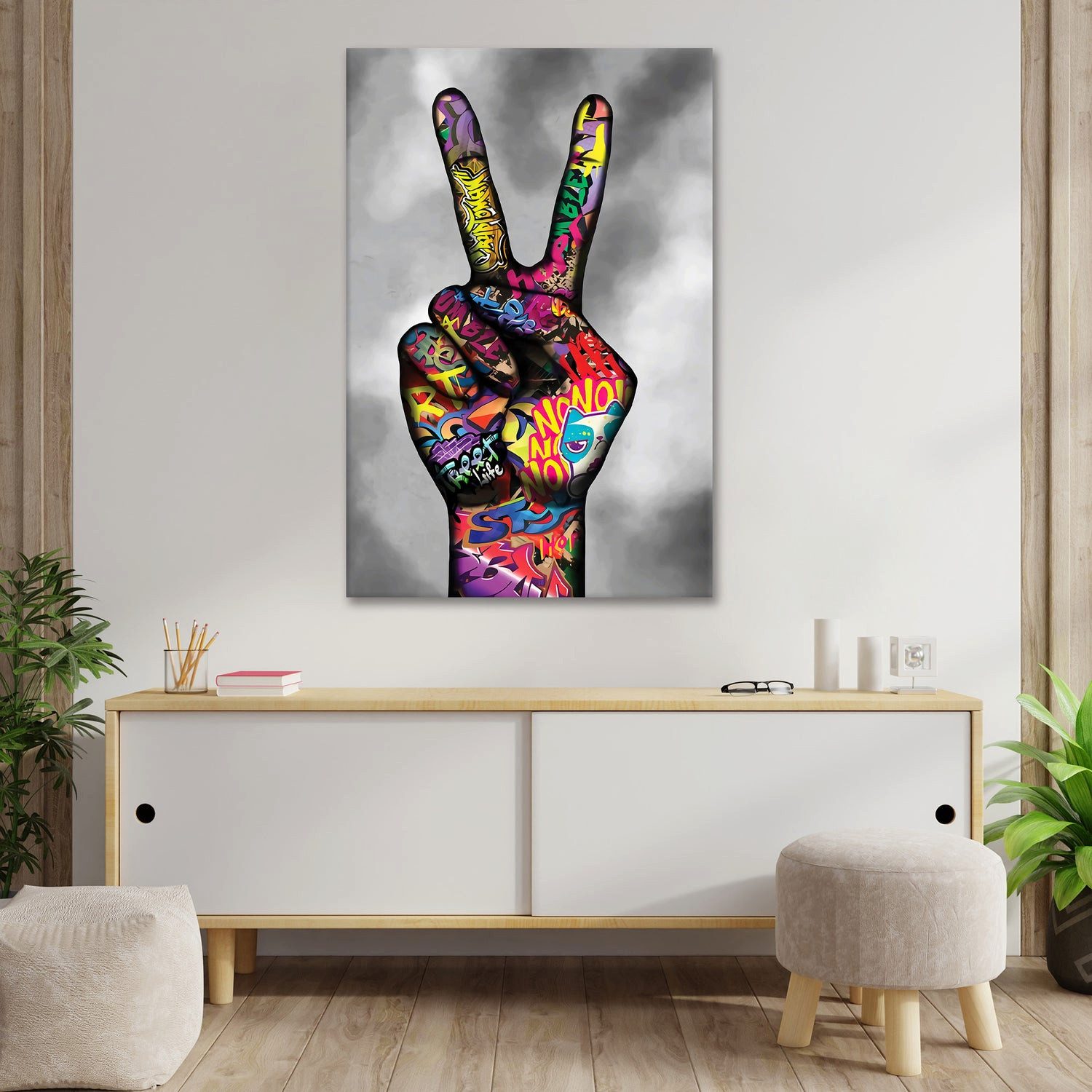Artedinoi Leinwandbild Graffiti Peace Victory Hand Leinwandbild Wandbild XL Deko, Faust mit Peace-Zeichen