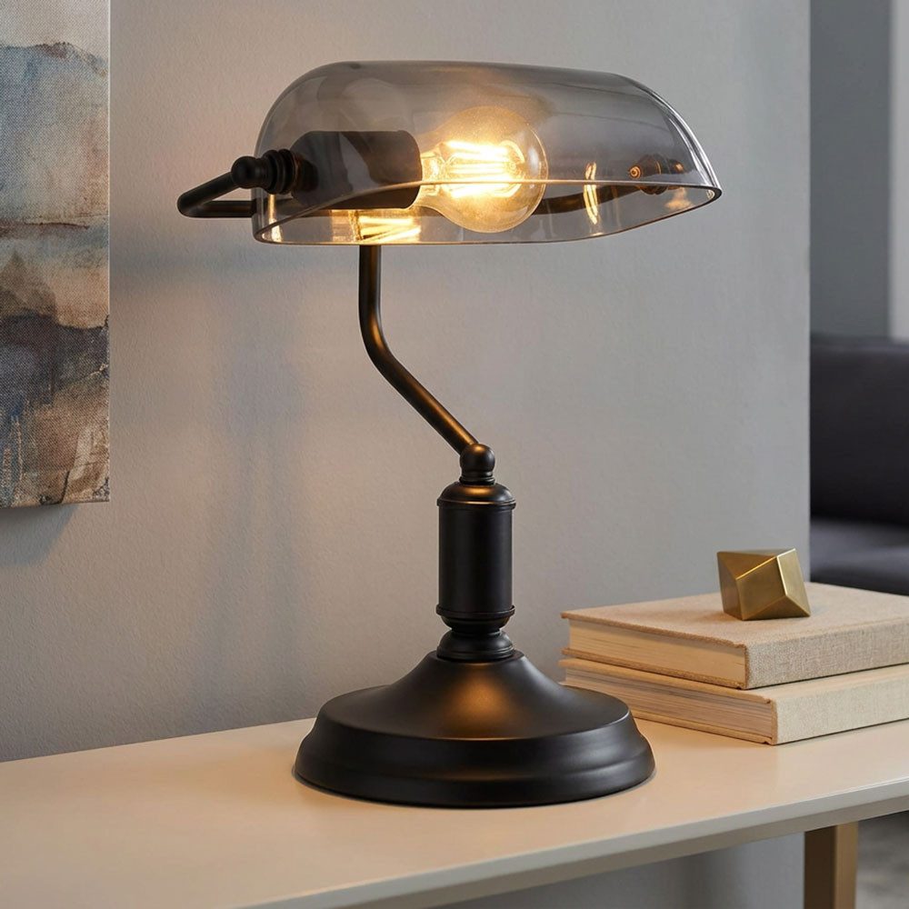 GLOBO LIGHTING Schreibtischlampe, Leuchtmittel nicht inklusive, Bankerlampe Tischleuchte Büroleuchte Schreibtischlampe Glas Rauch