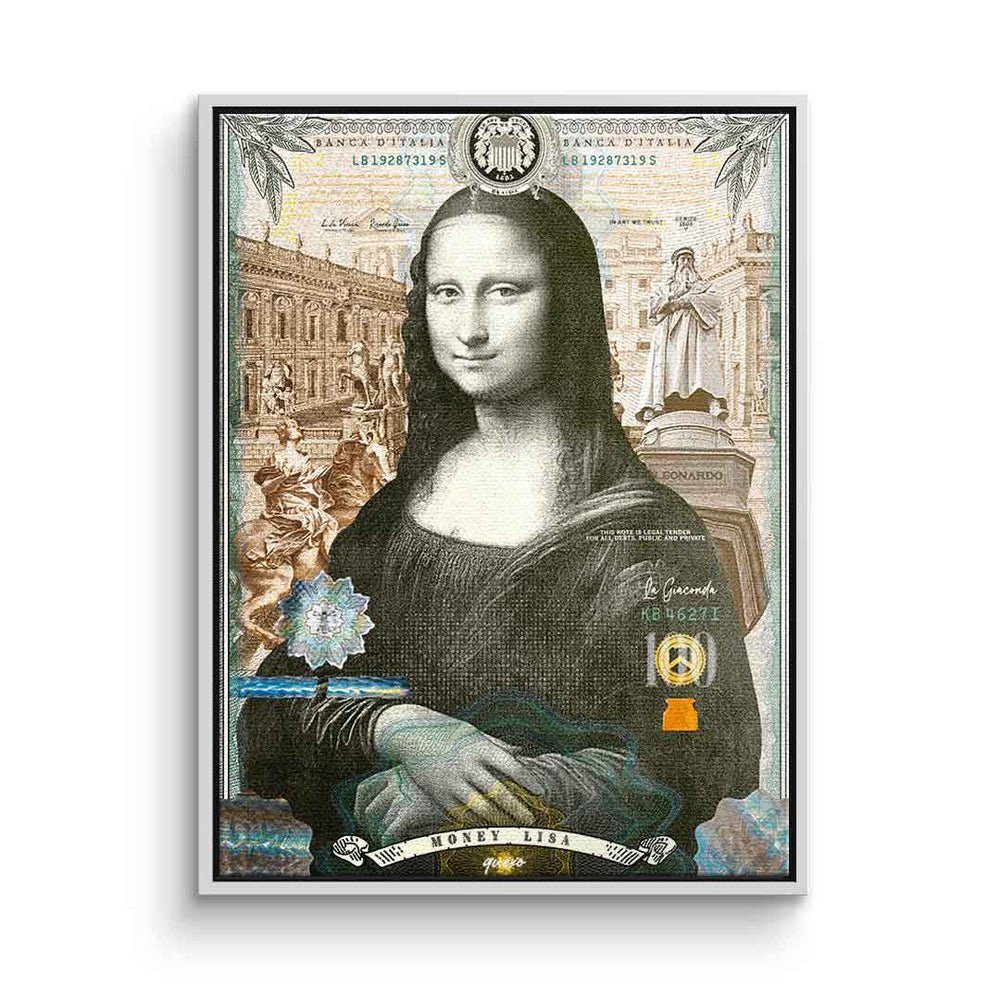 DOTCOMCANVAS® Leinwandbild, Mona Lisa Leinwandbild Money Lisa Porträt Pop Art weißer Rahmen