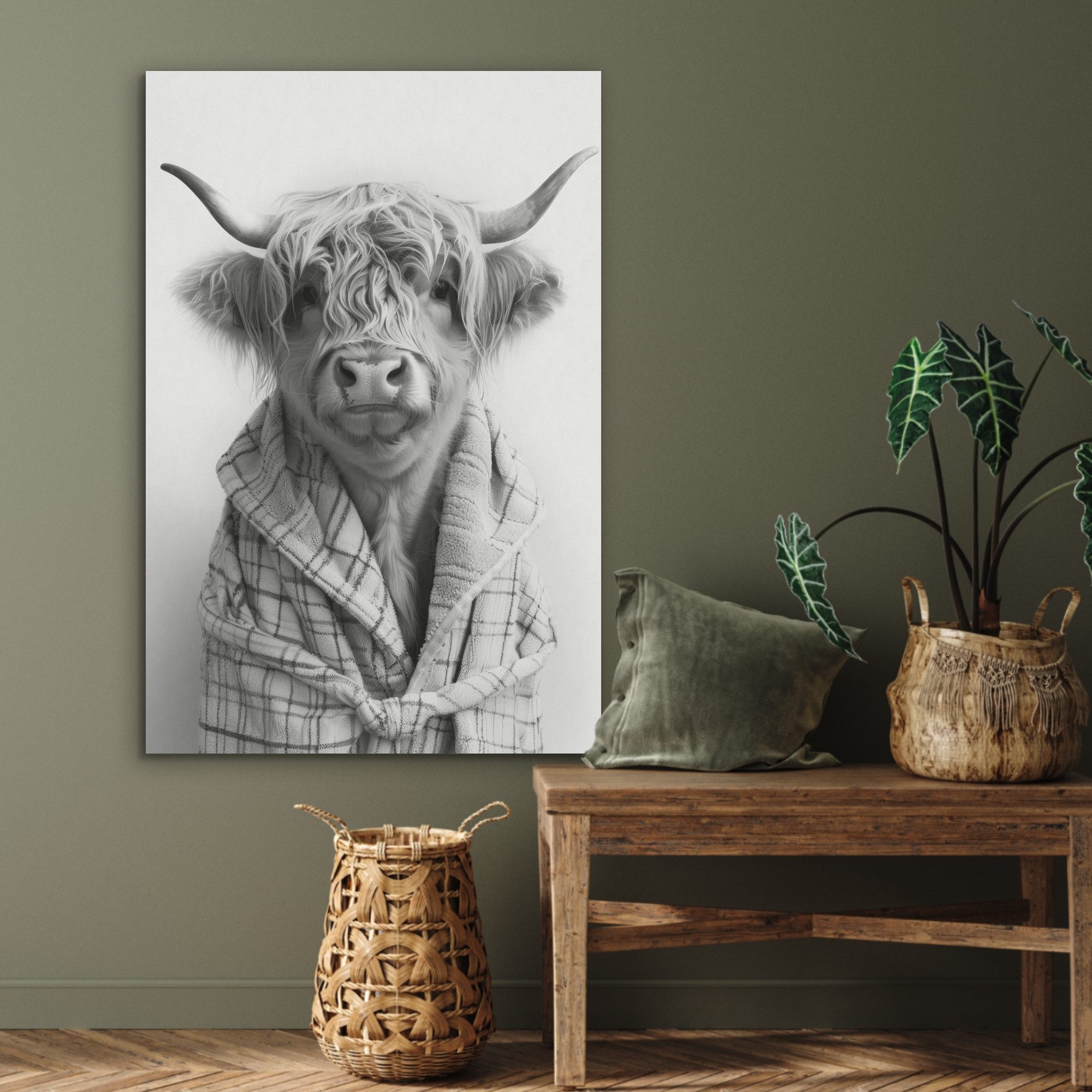 MuchoWow Gemälde Scottish Highlander - Kuh - Bademantel - Schwarz und Weiß, Fotodruck (1 St), Akustikbilder PET-Filz, Wandpaneele, Akustikpaneele 60x90 cm