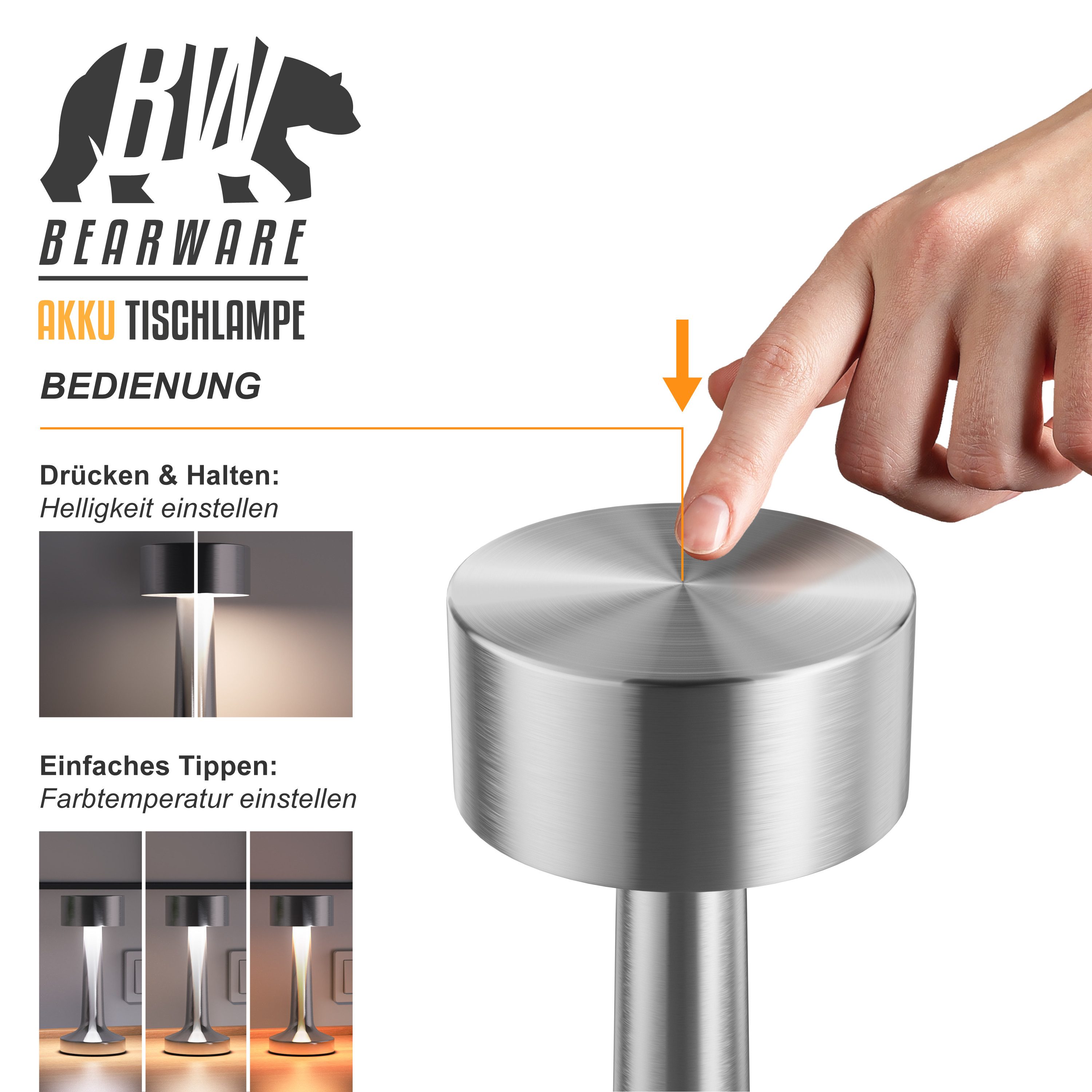 BEARWARE LED Tischleuchte Tischlampe kabellos, stufenlos dimmbar, 3 Lichtfarben, Akku, Touch, Dimmfunktion; Ein-/Ausschalter; mehrere Helligkeitsstufen, LED fest integriert, Warmweiß, Neutralweiß, Kaltweiß, Nachttischlampe, Leselampe, Schreibtischlampe, Edelstahl Leuchte