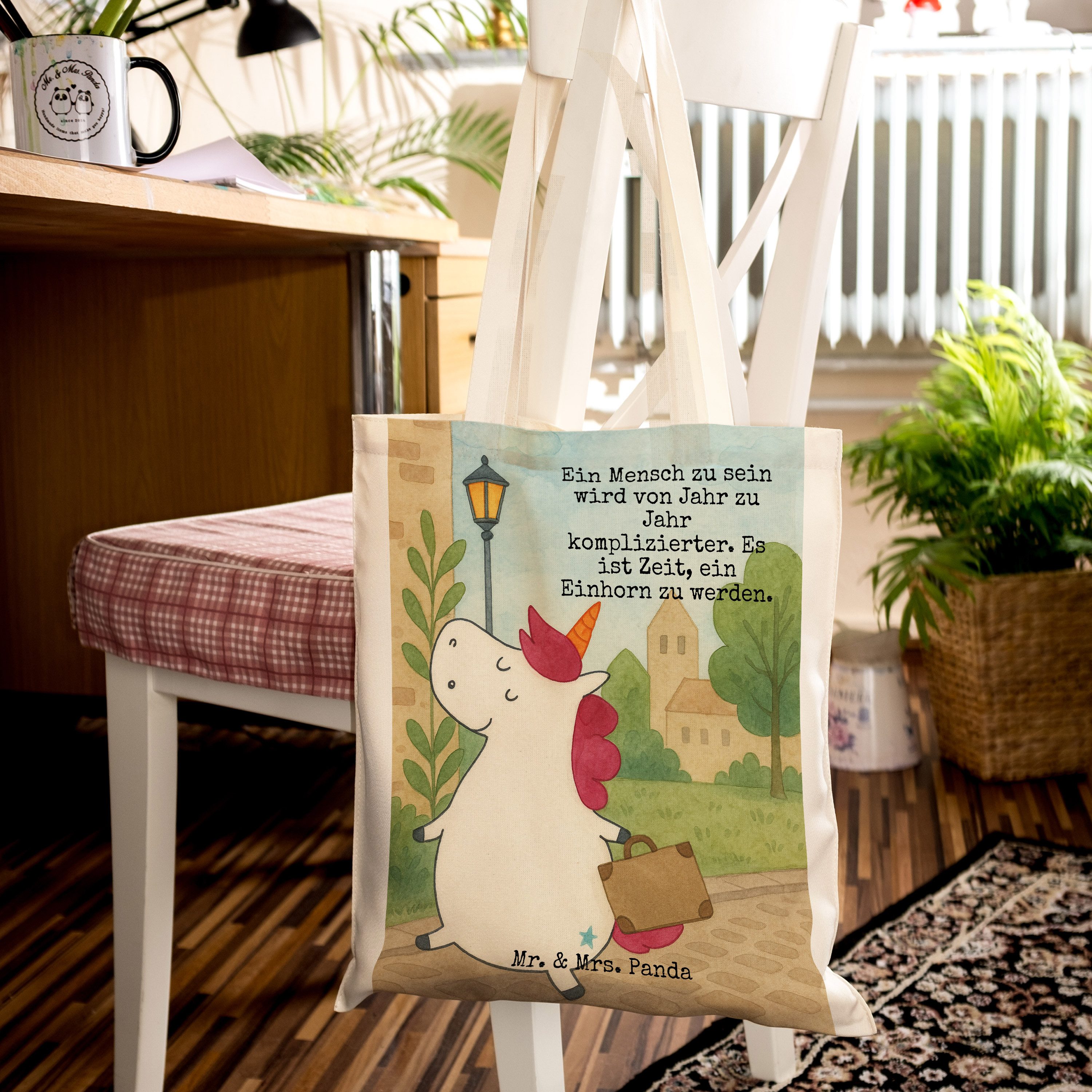 Mr. & Mrs. Panda Tragetasche Einhorn Koffer Design, Jutebeutel, Weiß, Lustig, Uni Tasche, Beutel, (Packung), Jutetasche Baumwoll-Shopper umhängebeutel