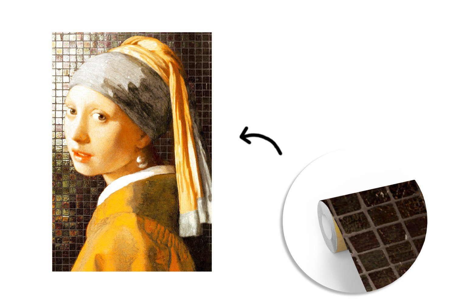 Johannes Vermeer Perlenohrring Tapete mit MuchoWow Mädchen Fototapete (3 Mosaik, Matt, St), Vinyl bedruckt, - Wohnzimmer, - Wandtapete Montagefertig für