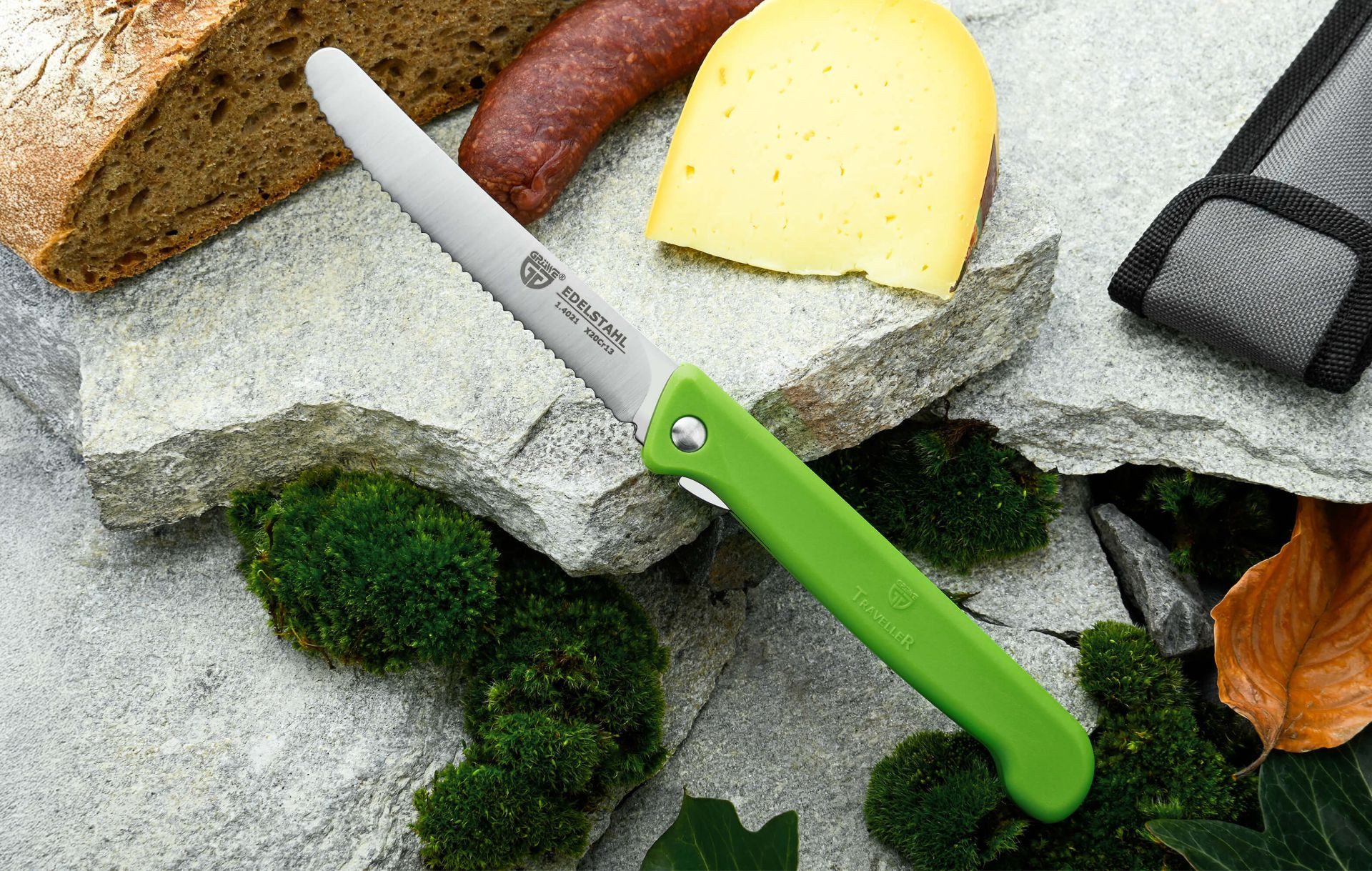 GRÄWE Brotzeitmesser Klappbares Frühstücksmesser mit Etui, Wellenschliff, Grün platzsparendes Messer für Camping, Outdoor, Trekking – Bild 4 von 5